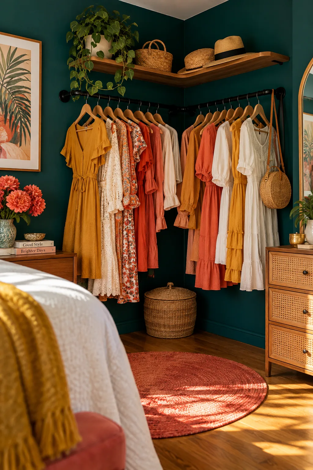 Corner clothing rack with a curved top shelf in a bedroom