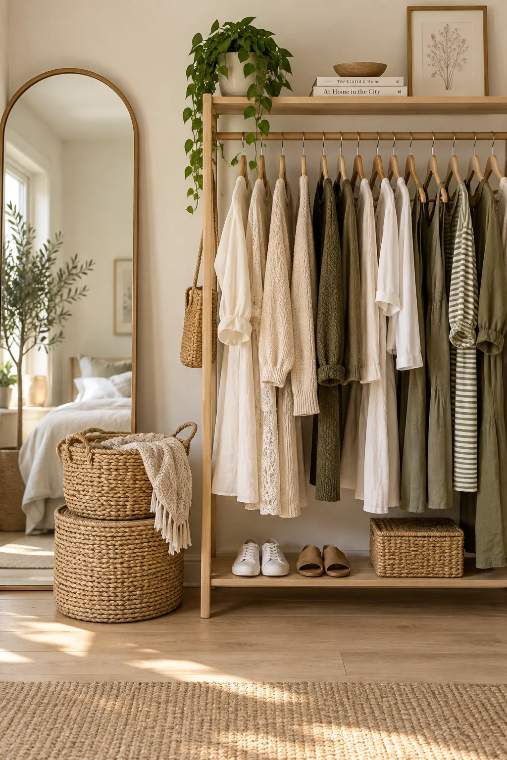 Open closet featuring a mirror, garment rack, and stacked woven baskets