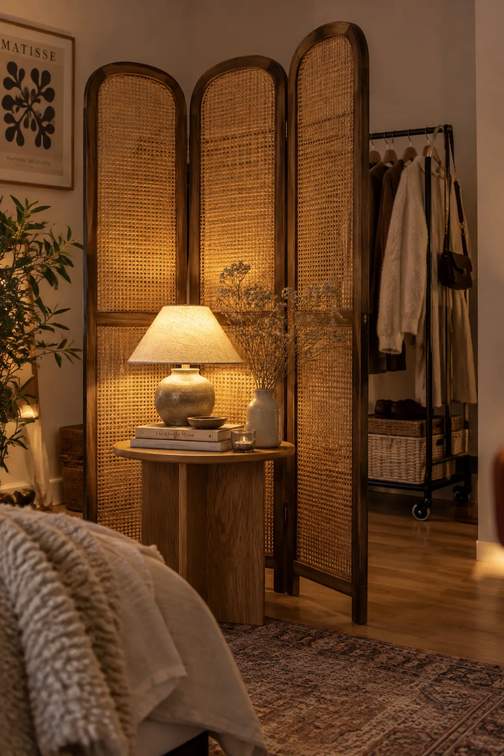 Stylish folding room divider hiding a rolling clothing rack
