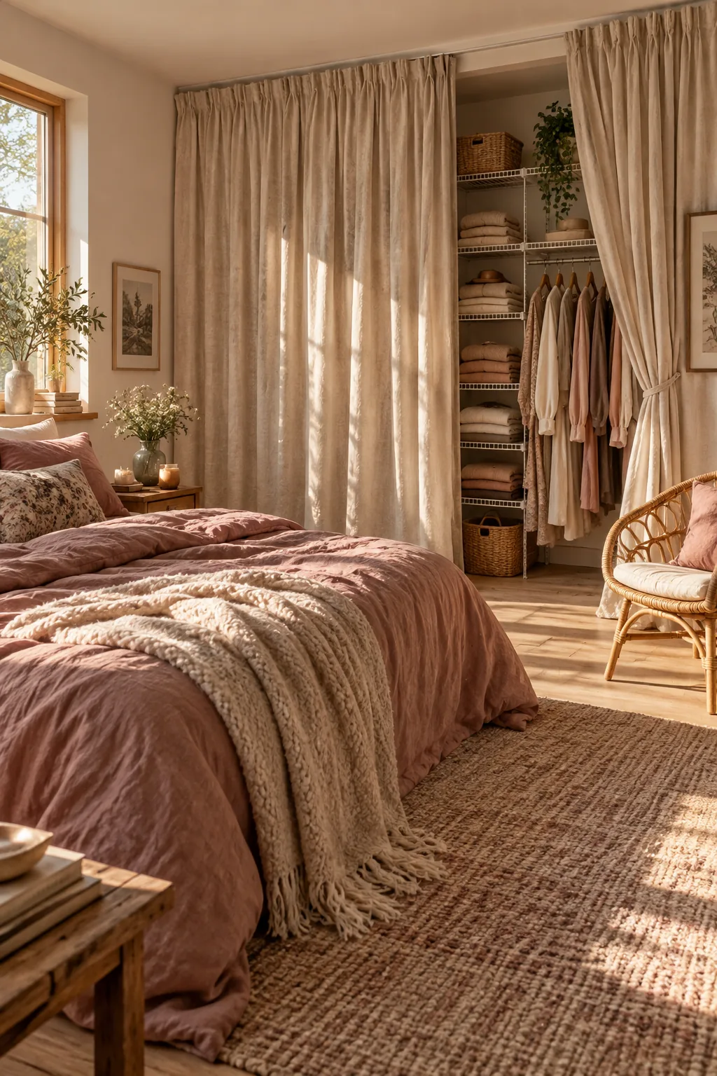 Heavy linen curtains hiding wire shelving in a bedroom alcove
