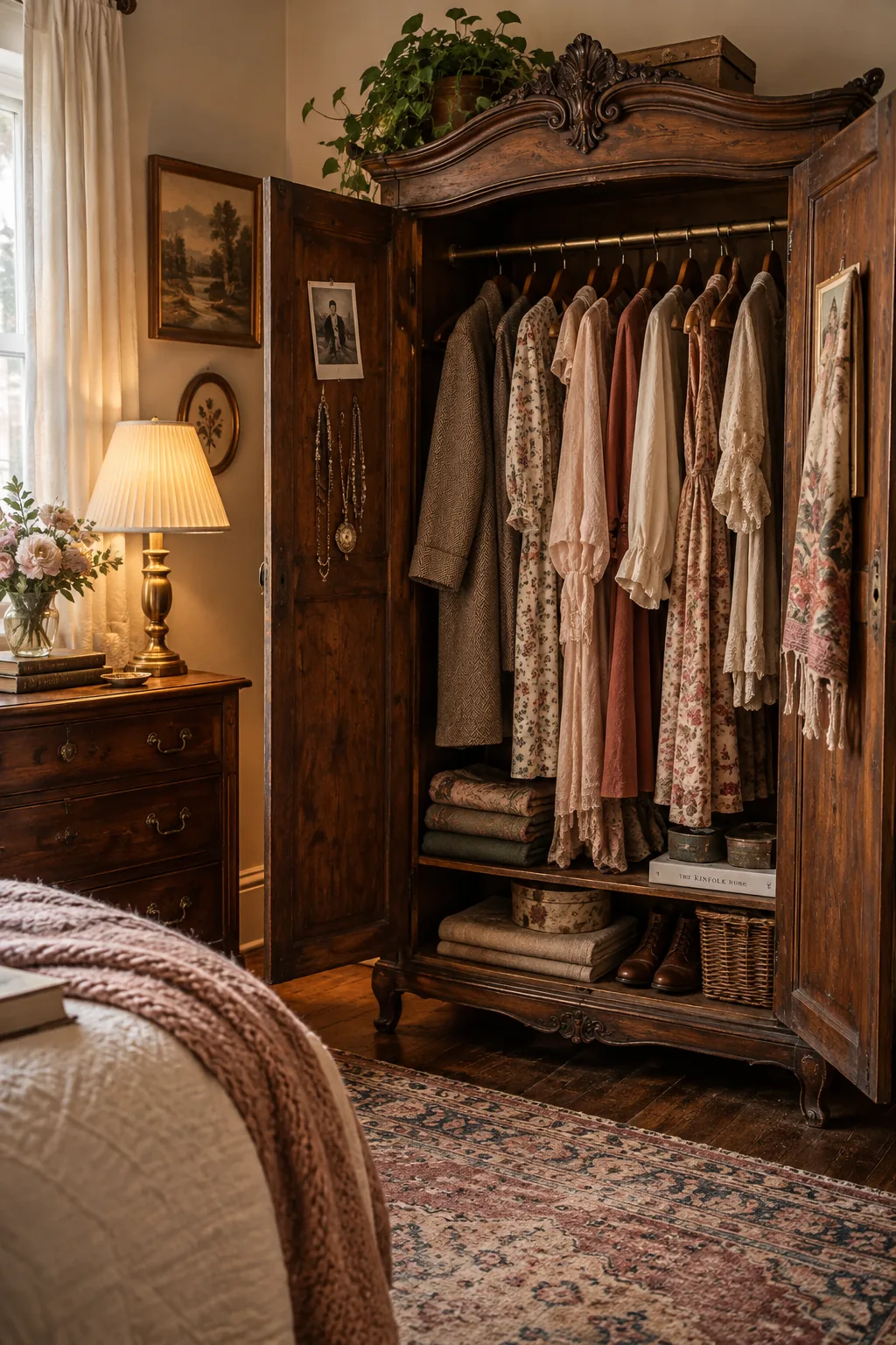Large vintage wooden armoire used as a bedroom closet