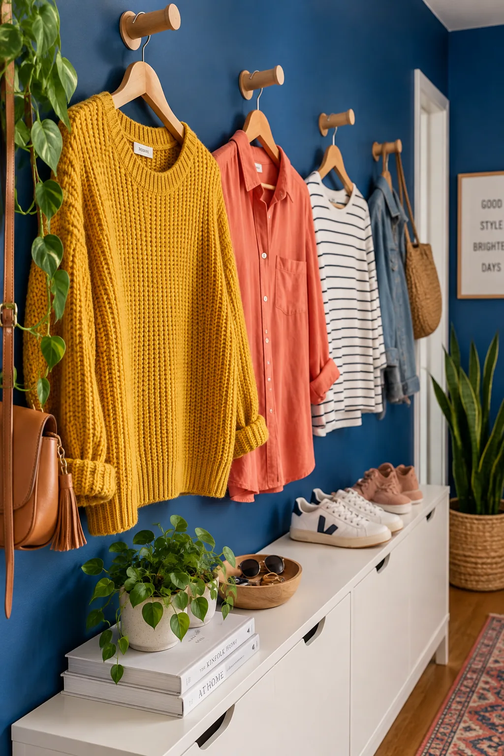 Forward-facing display hooks holding clothes above a narrow shoe cabinet