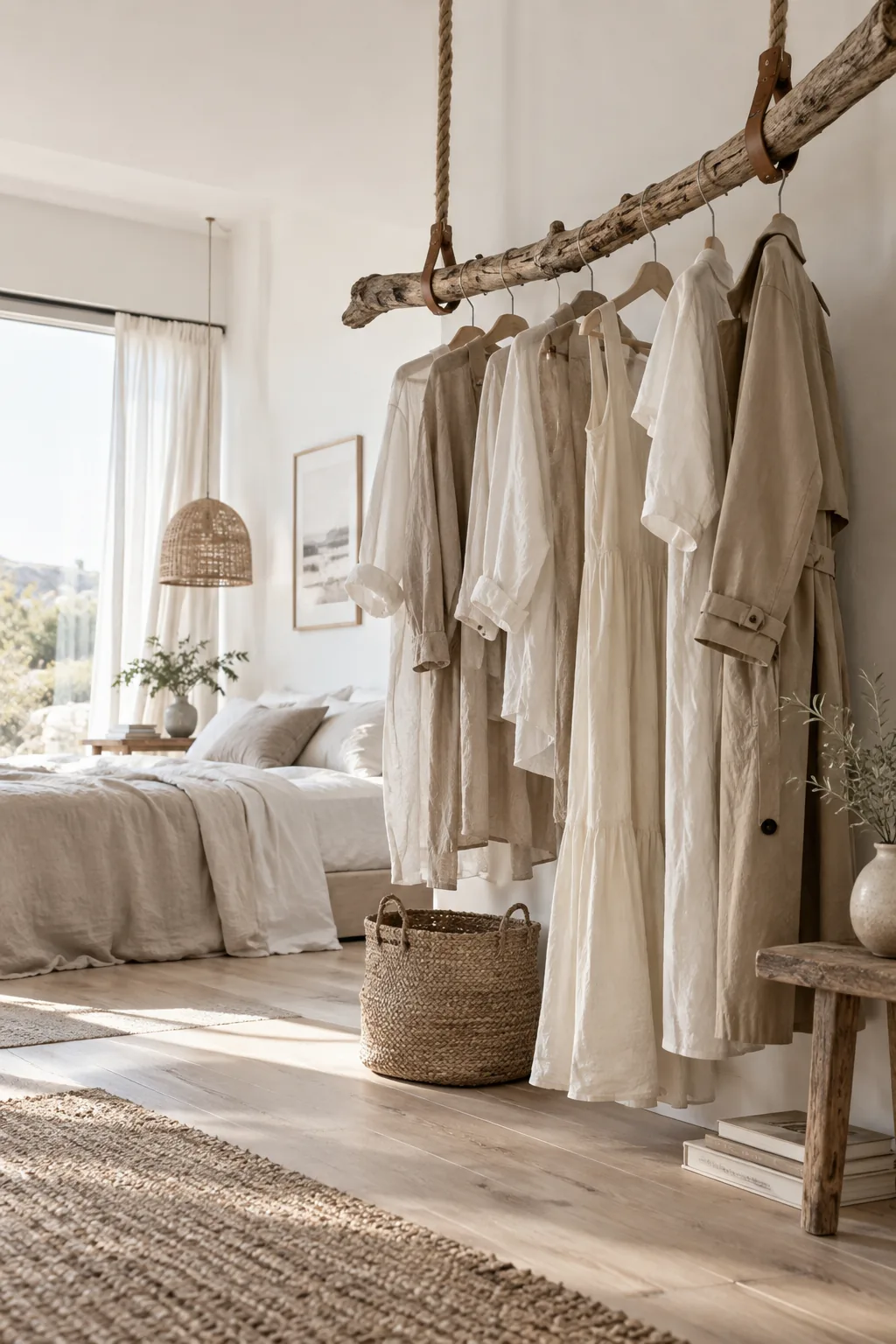 Dried tree branch hanging rack displaying neutral linen clothes
