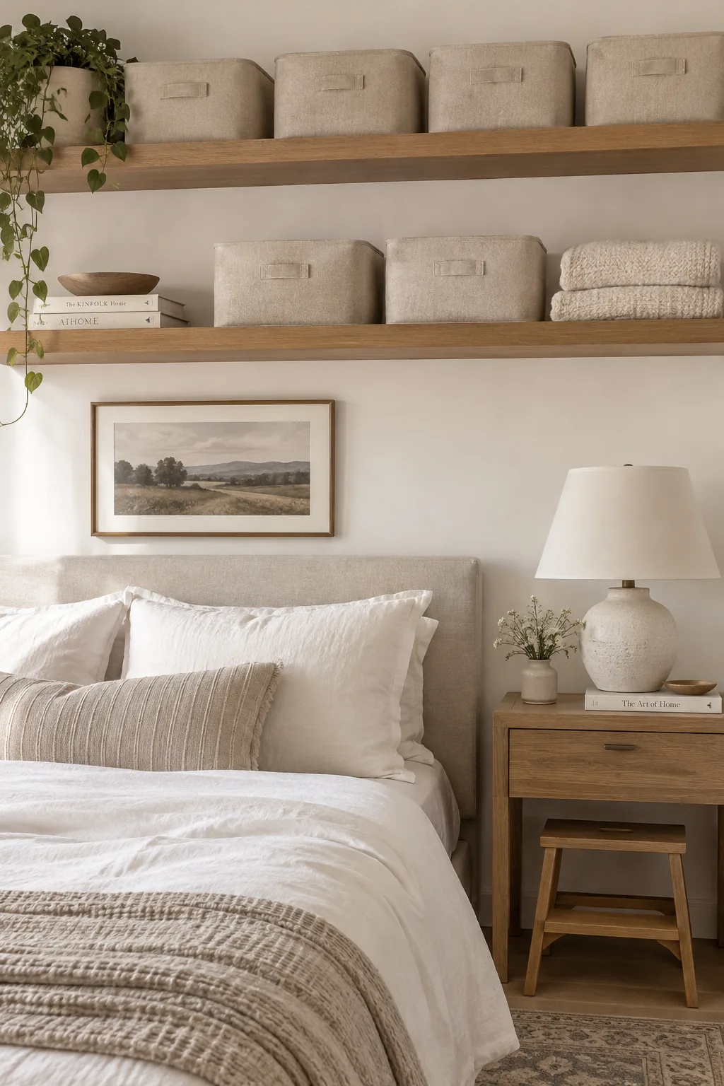 High floating shelves with fabric storage bins installed above a bed