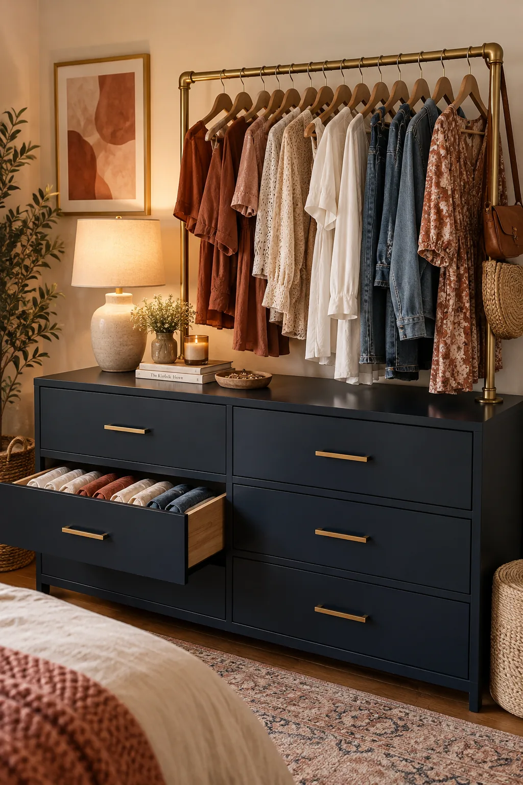 Metal garment rack placed directly on top of a six-drawer dresser