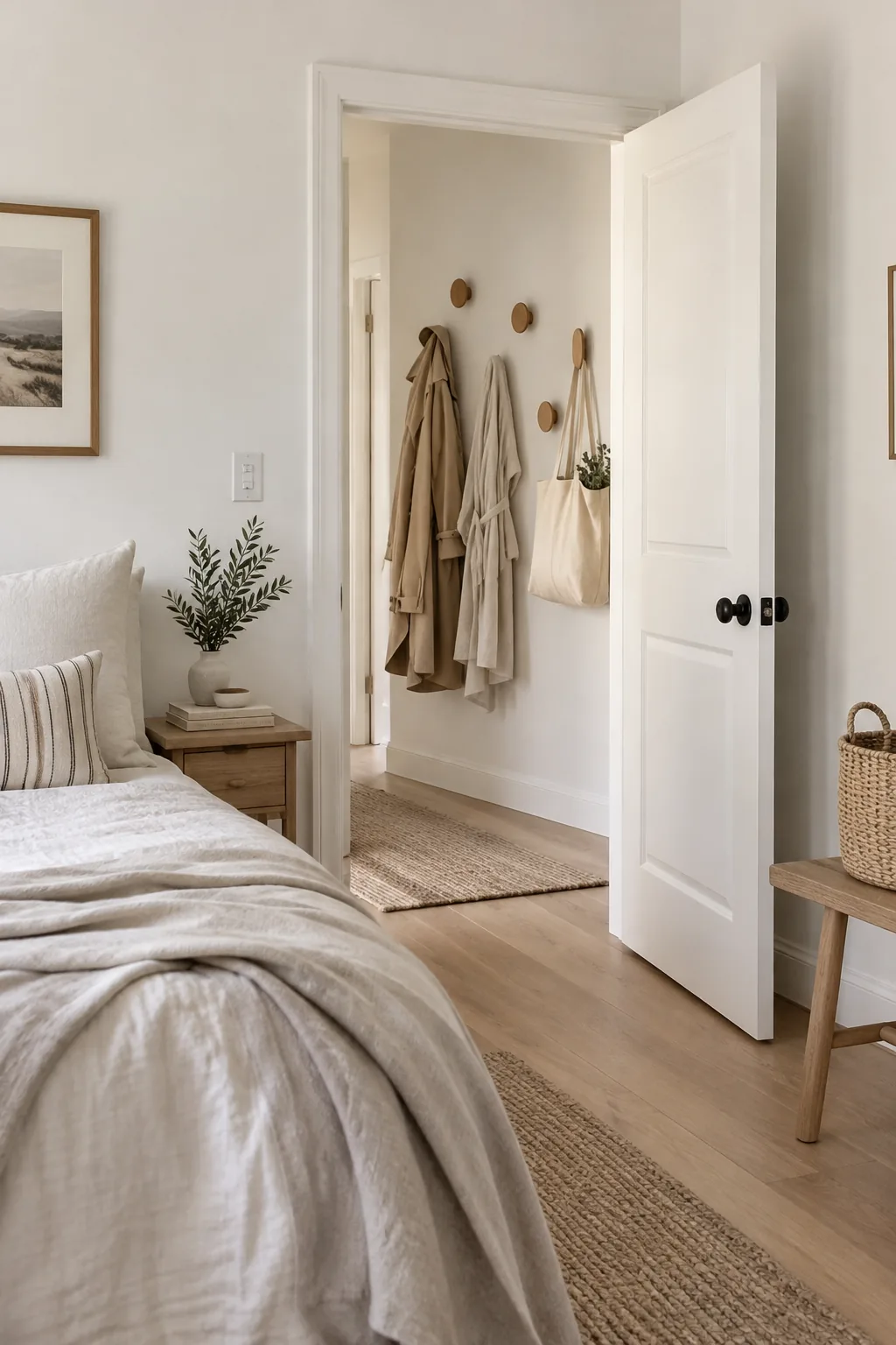 Staggered wooden wall pegs mounted behind a bedroom door