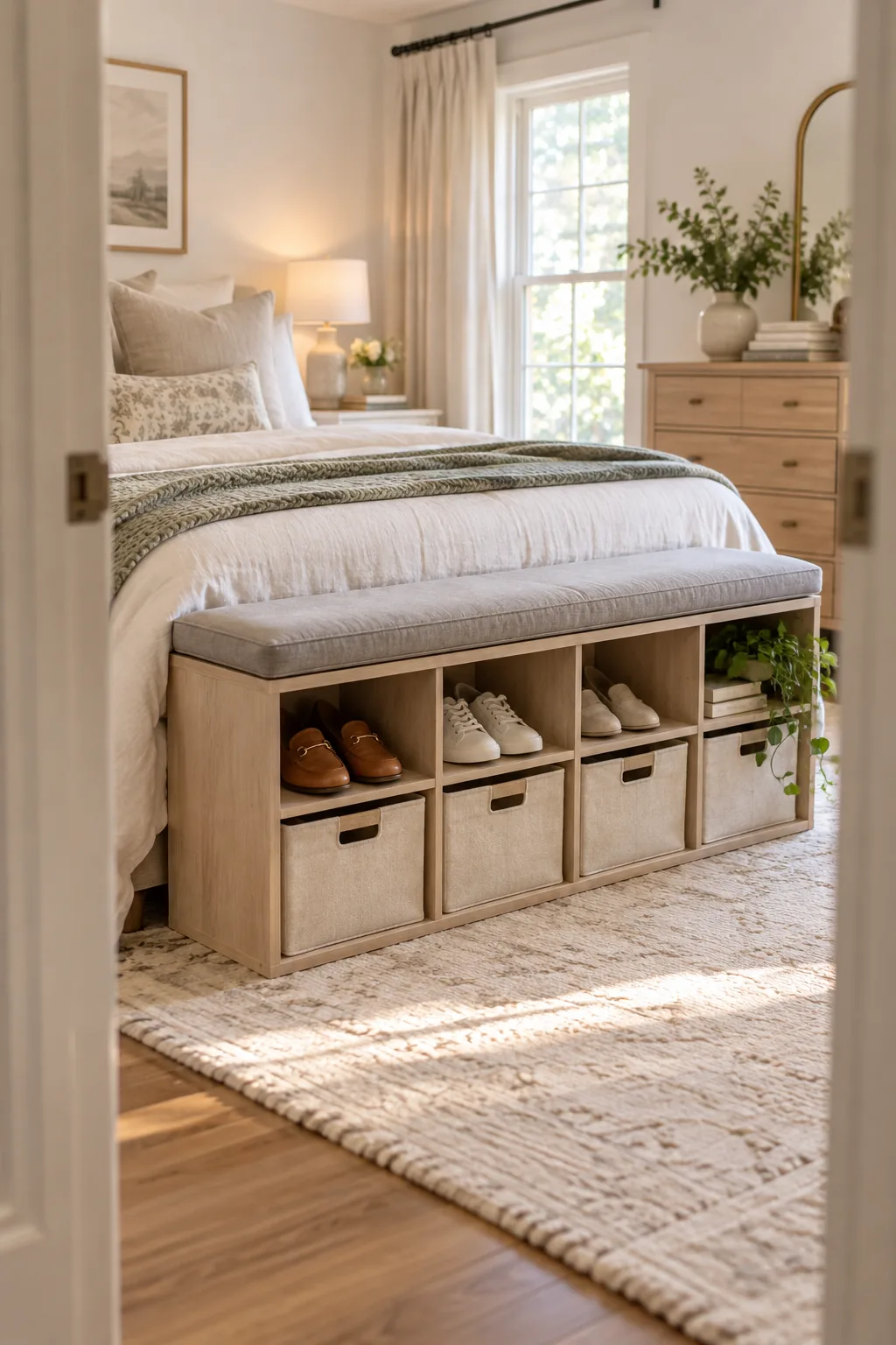 Cubby shelving unit turned sideways and used as a bed bench