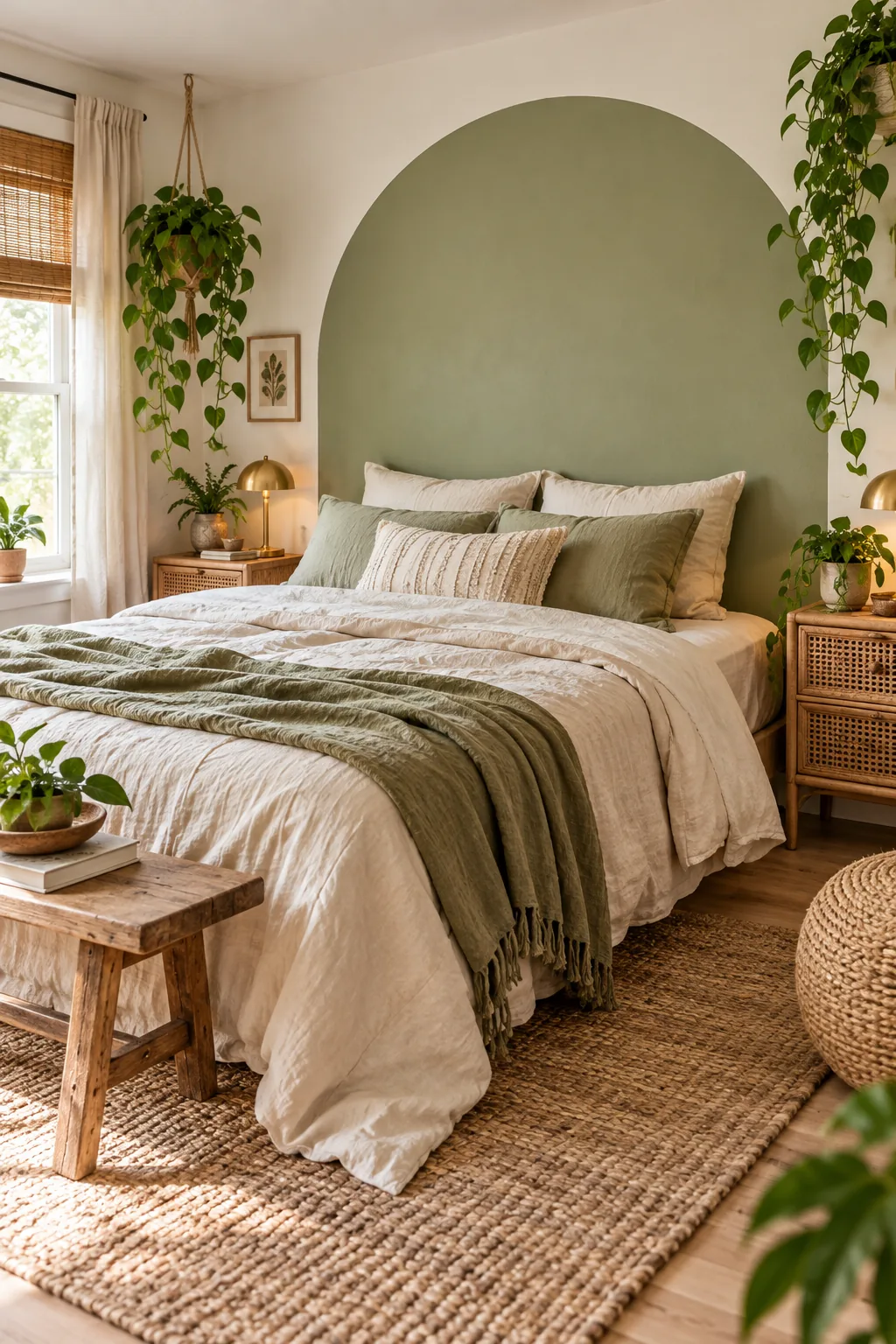 Boho bedroom with a sage green wall arch, natural linen bedding, and rattan nightstands.