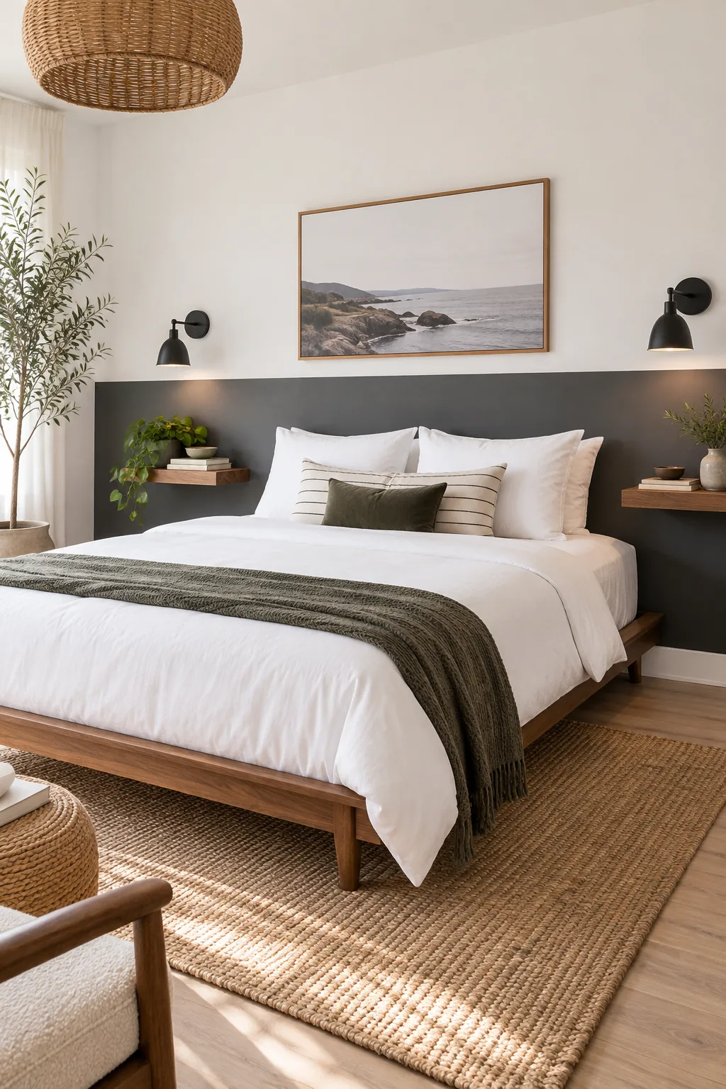 Minimalist bedroom with a charcoal gray lower wall, white bedding, and black sconces.