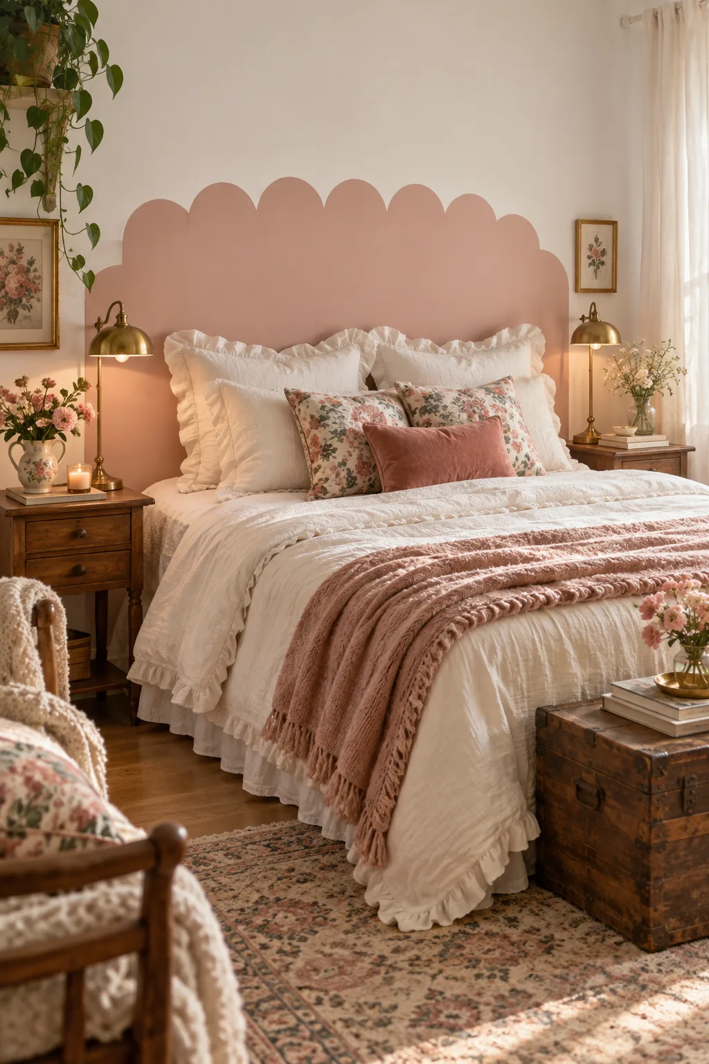 Romantic bedroom with a dusty pink scalloped wall decal, ruffled pillows, and brass lamps.