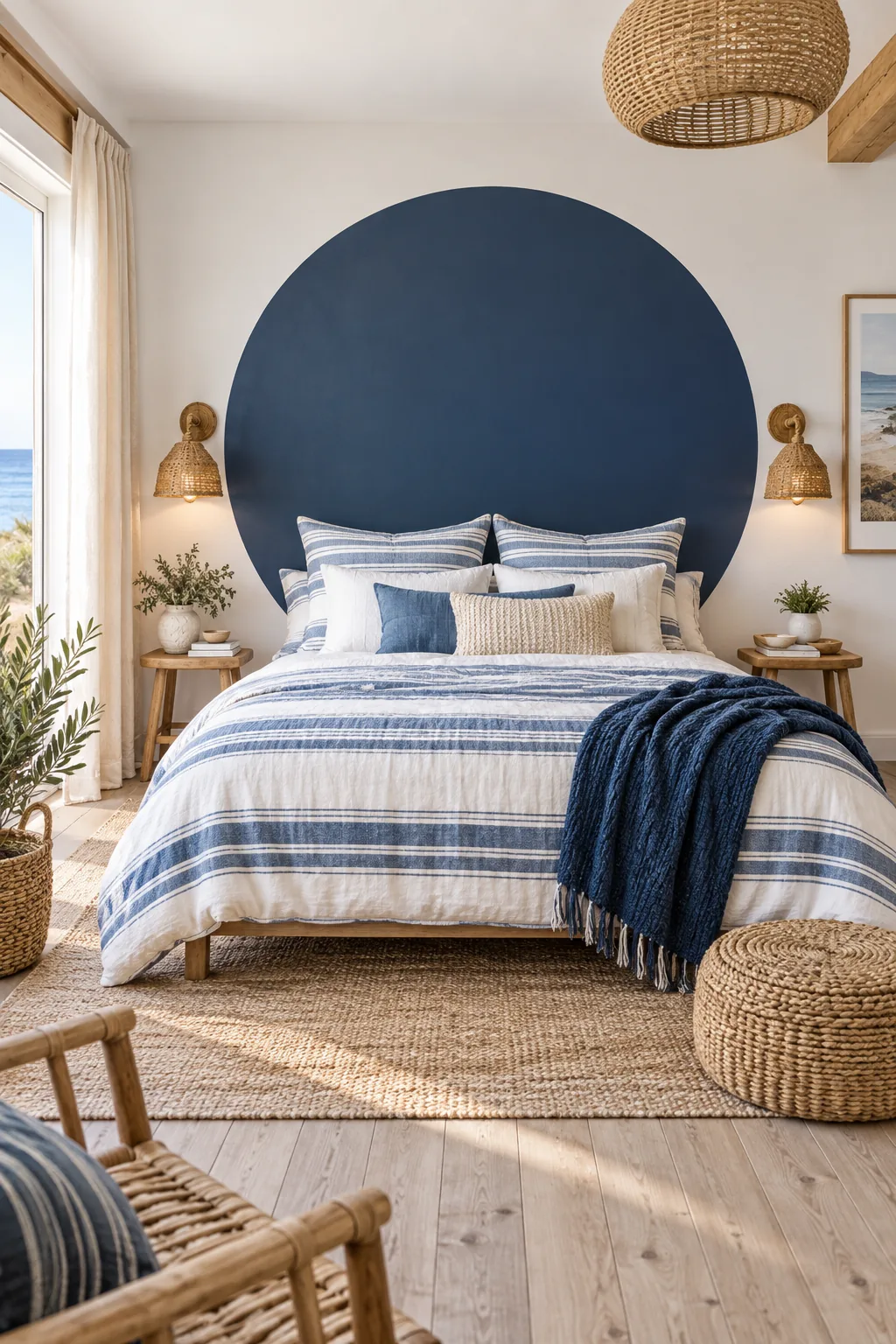 Coastal bedroom with a large navy blue painted circle, striped bedding, and rope sconces.