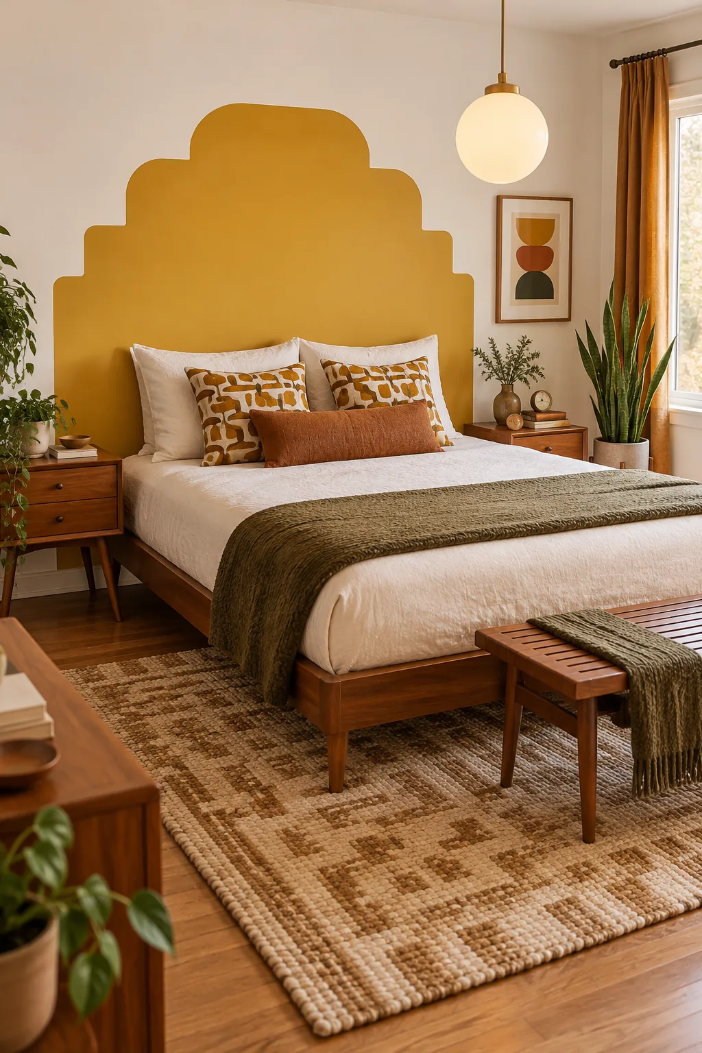 Mid-century bedroom with a mustard yellow stepped arch, geometric pillows, and teak nightstands.