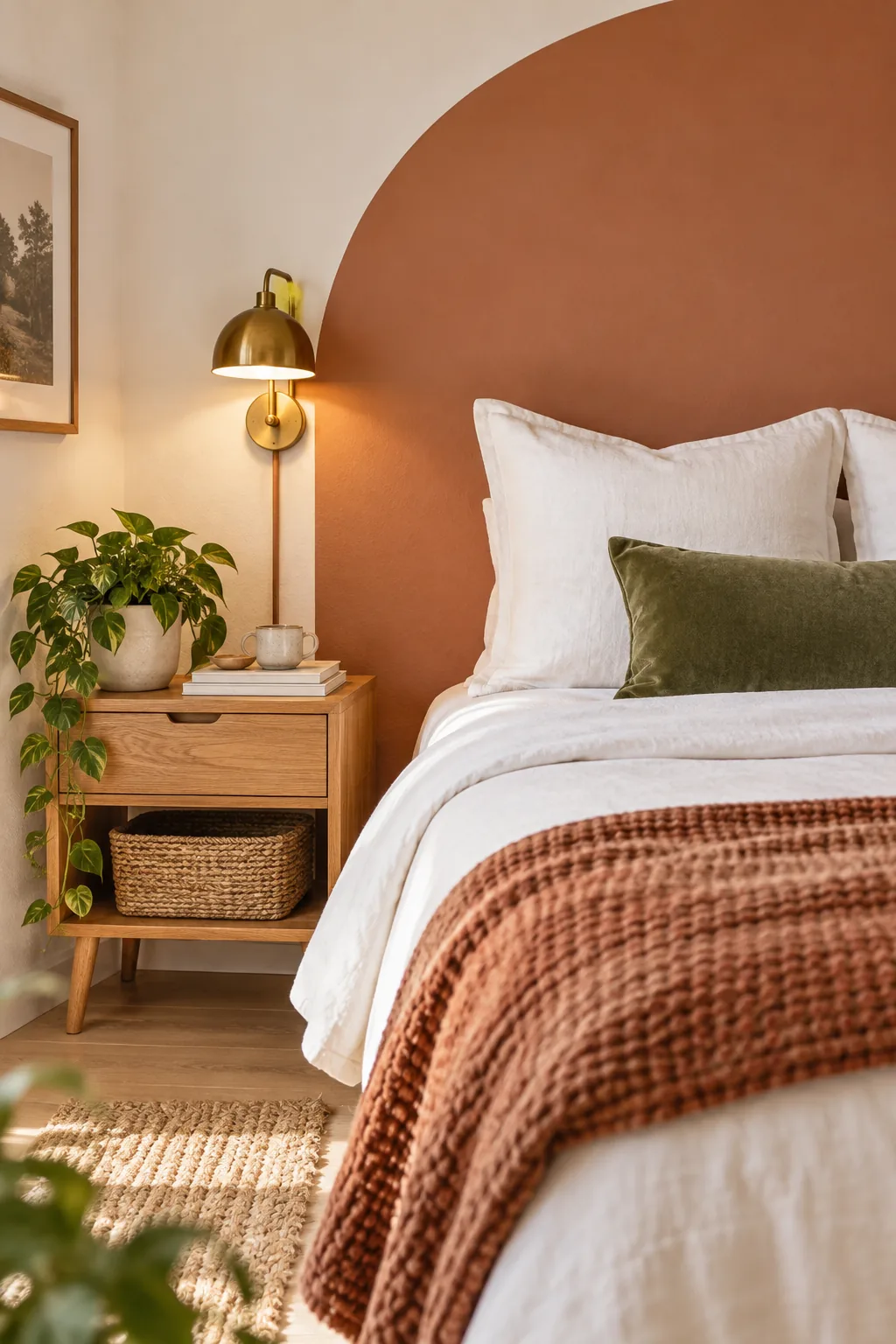 Queen bed centered against a terracotta painted wall arch that extends past the mattress edges.