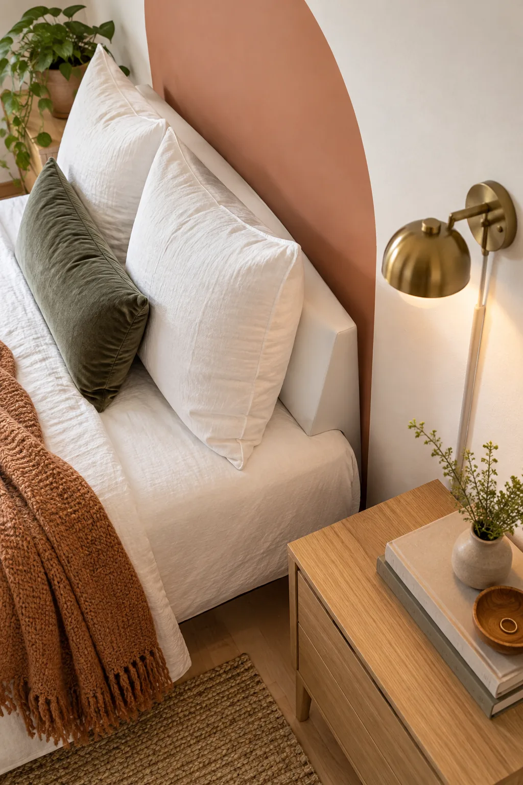 Brass wall sconce mounted beside a terracotta wall arch above an oak nightstand.