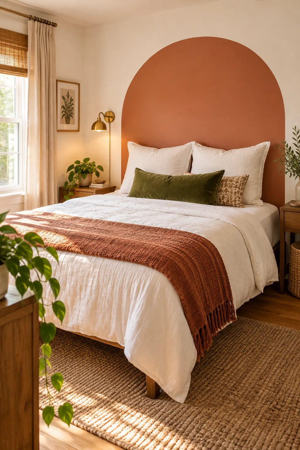 Elevated view of a styled queen bed with a terracotta arch, white linens, and a green lumbar pillow.