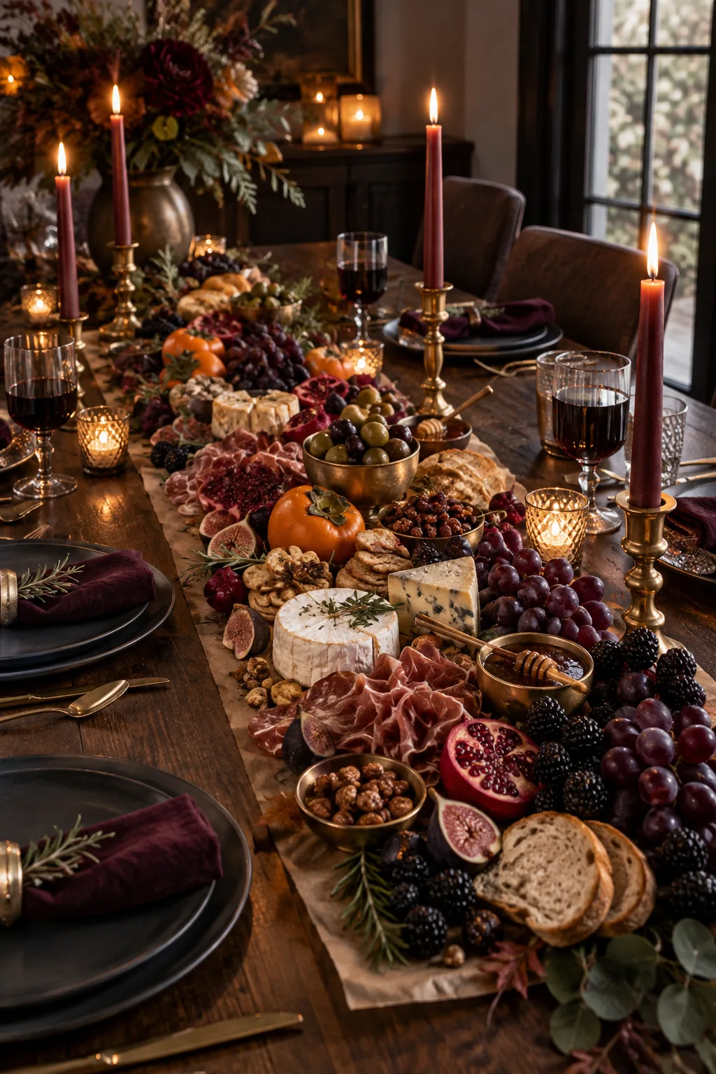 A moody, dark-toned grazing table runner with blackberries, dark meats, and brass accents.