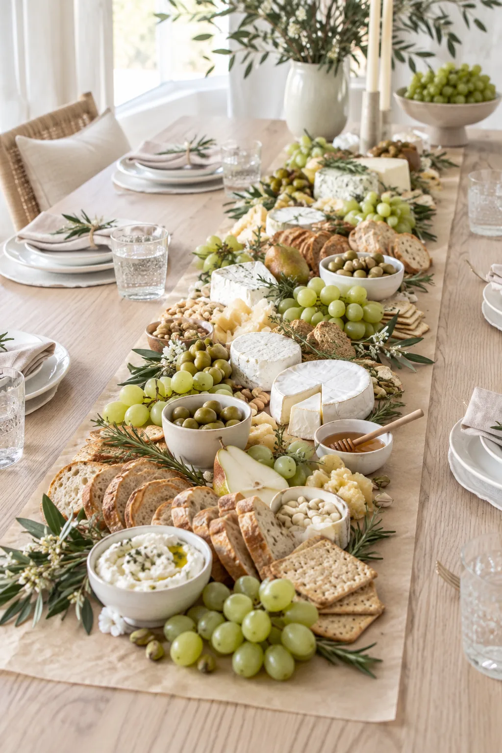 A minimalist Scandinavian grazing table with white cheeses, green grapes, and white ceramics on pale wood.