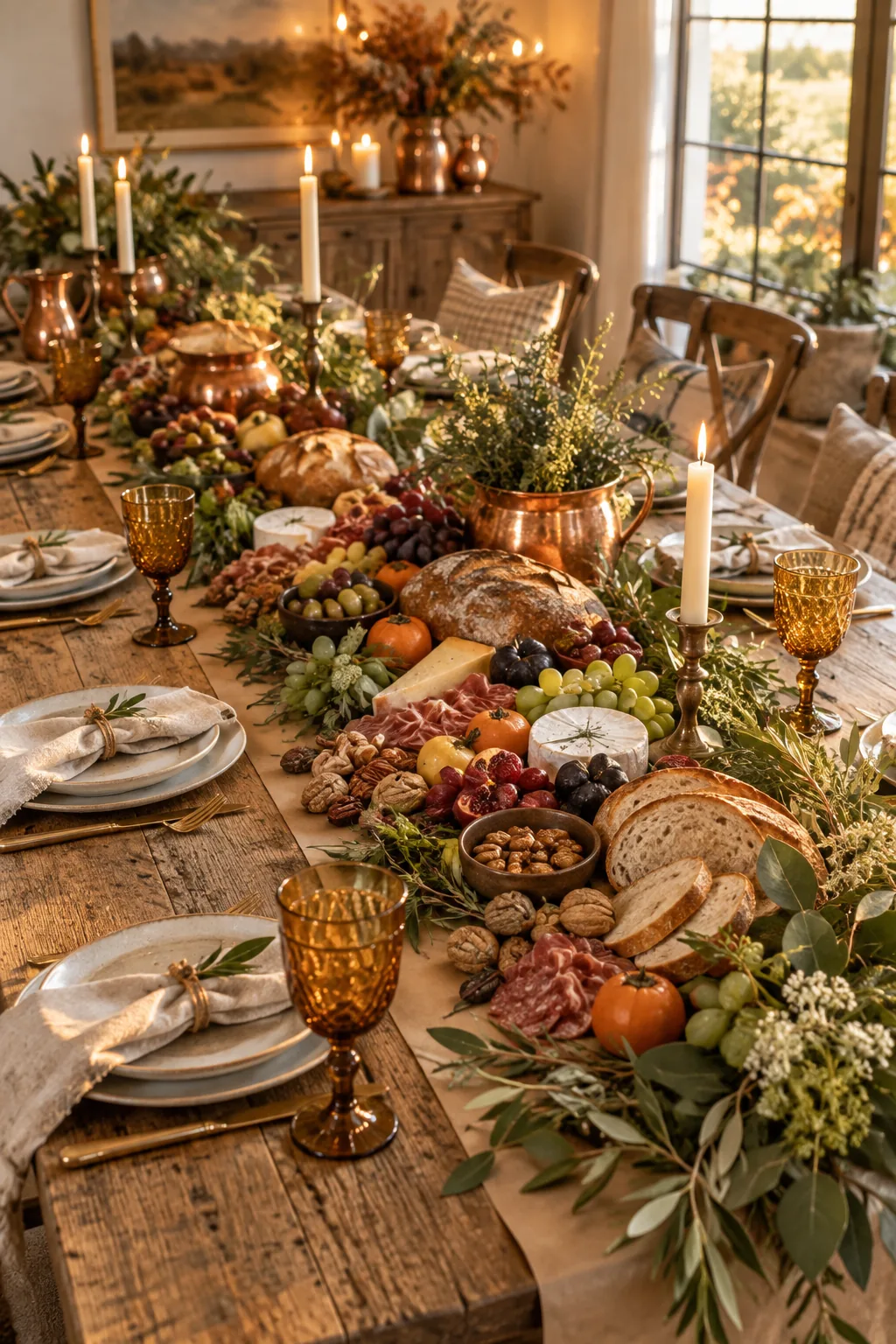 A rustic farmhouse grazing table with copper pots, chunky breads, and abundant greenery on distressed oak.