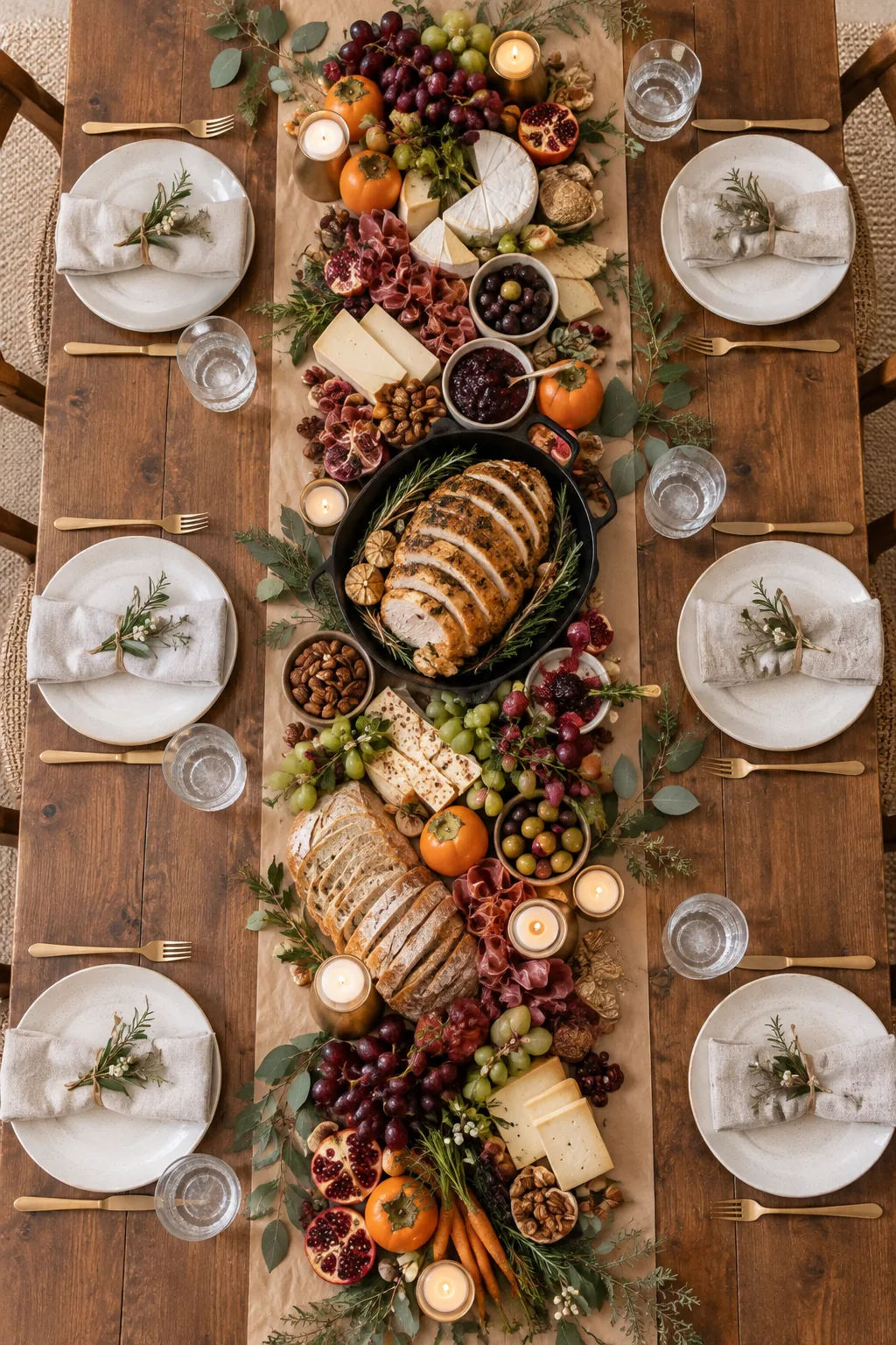 Overhead view of a dining table with a central grazing runner and empty dinner plates set along the edges.