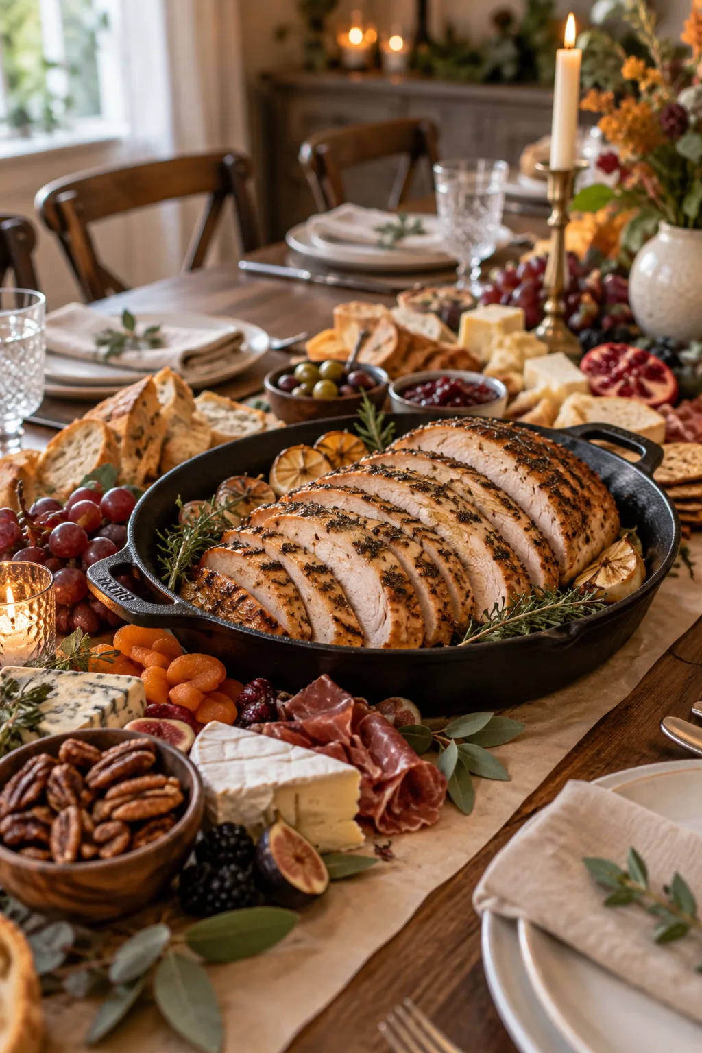Sliced roasted turkey breast served warm in a black cast iron skillet on a grazing table.