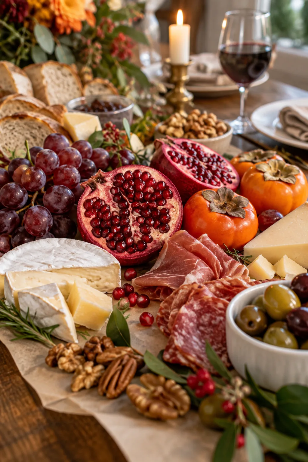 Neat stacks of sliced artisan bread and wedge-cut cheeses on a grazing board.