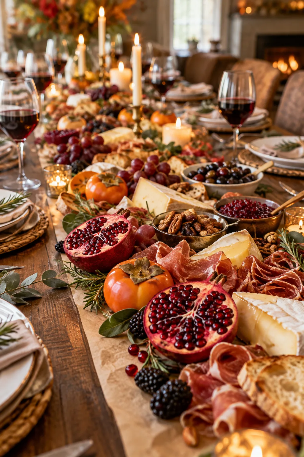 Bright red pomegranate halves and orange persimmons filling gaps between cheeses on a table runner.