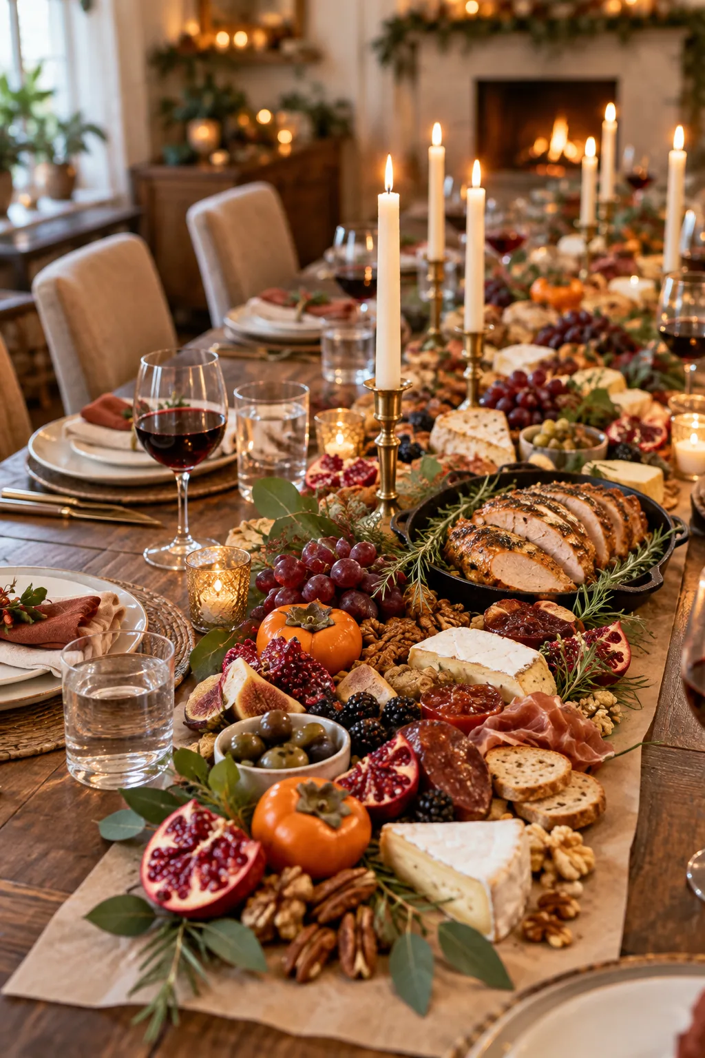 A fully completed Thanksgiving grazing table lit by taper candles, with poured glasses of red wine ready for guests.