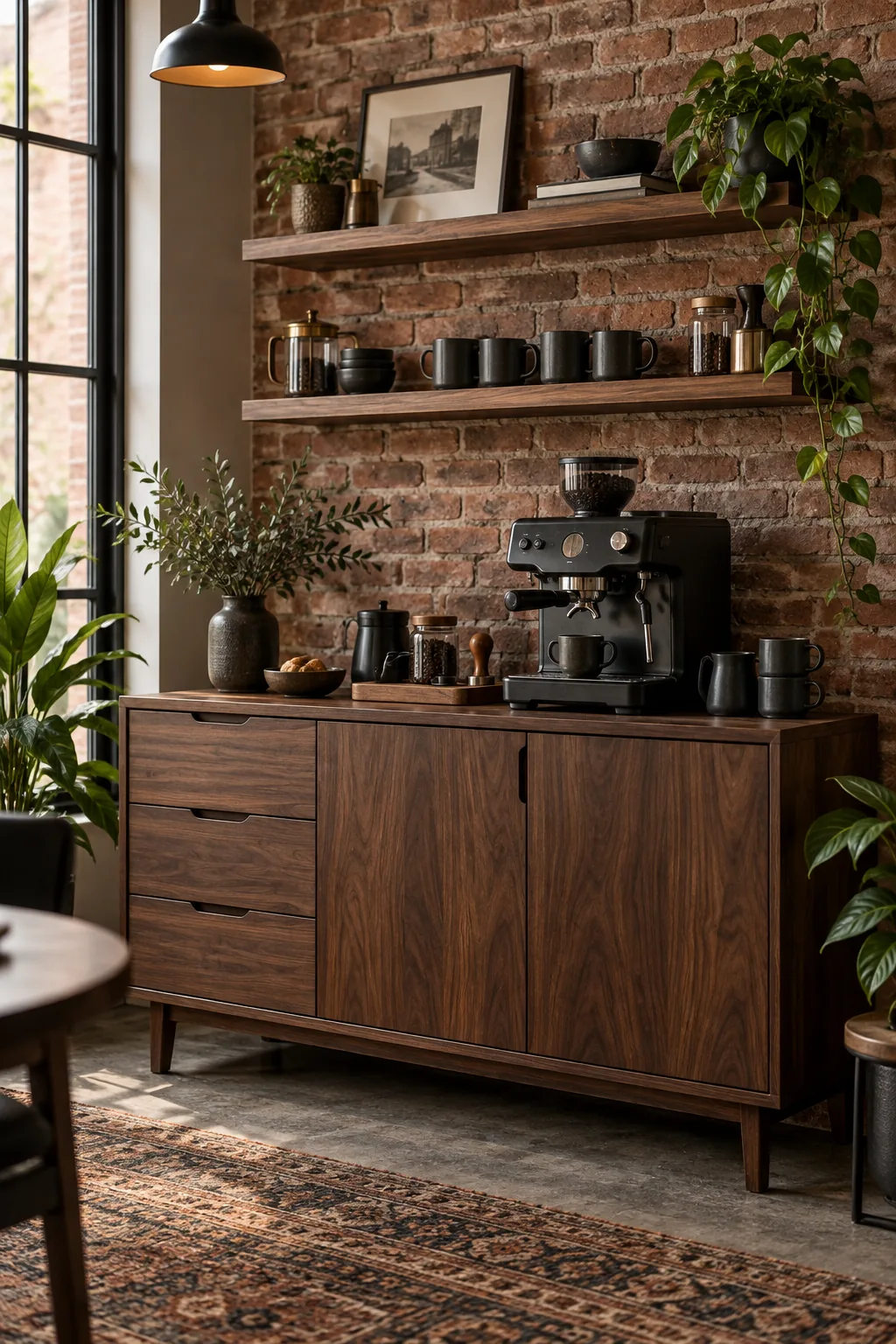 Dark walnut coffee bar with a matte black espresso machine against a brick wall.