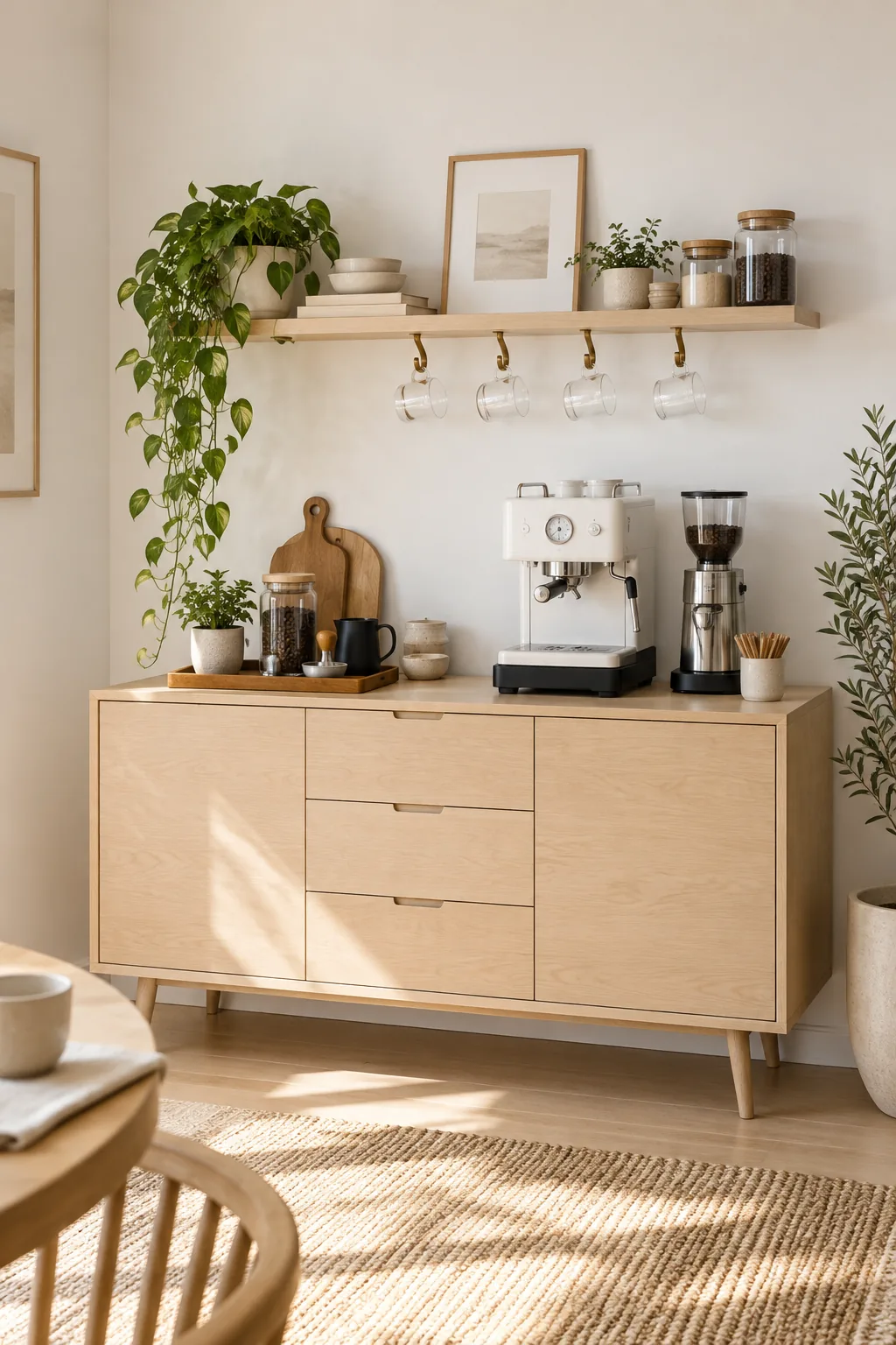 Light birch wood coffee station with a white espresso machine and clear glass mugs.