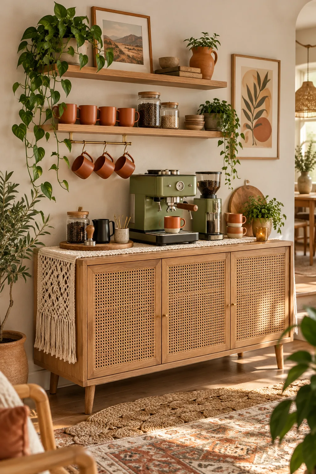 Rattan credenza holding a sage green coffee machine and terracotta mugs.