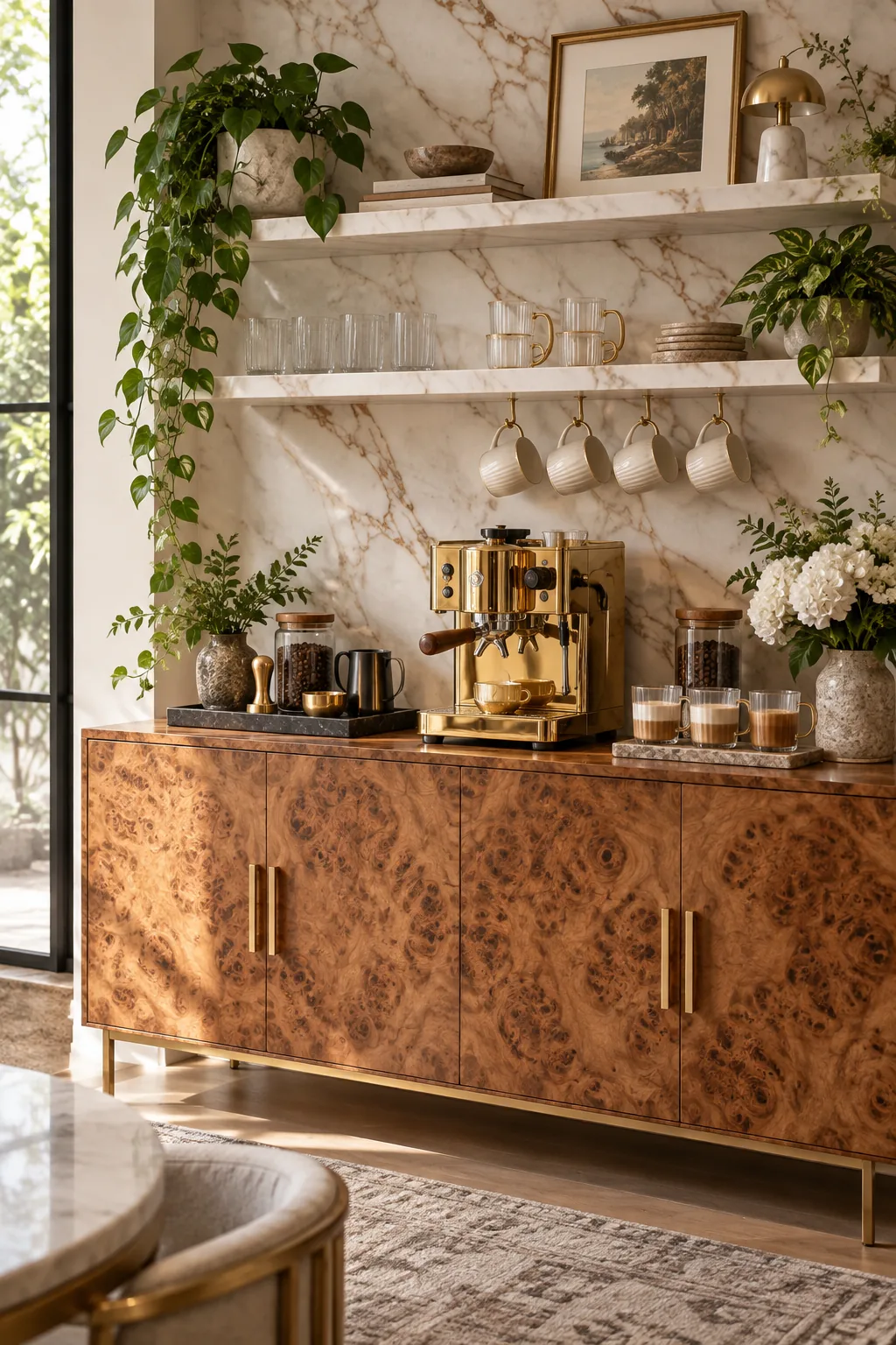 Burl wood coffee bar with a gold espresso machine and marble backsplash.