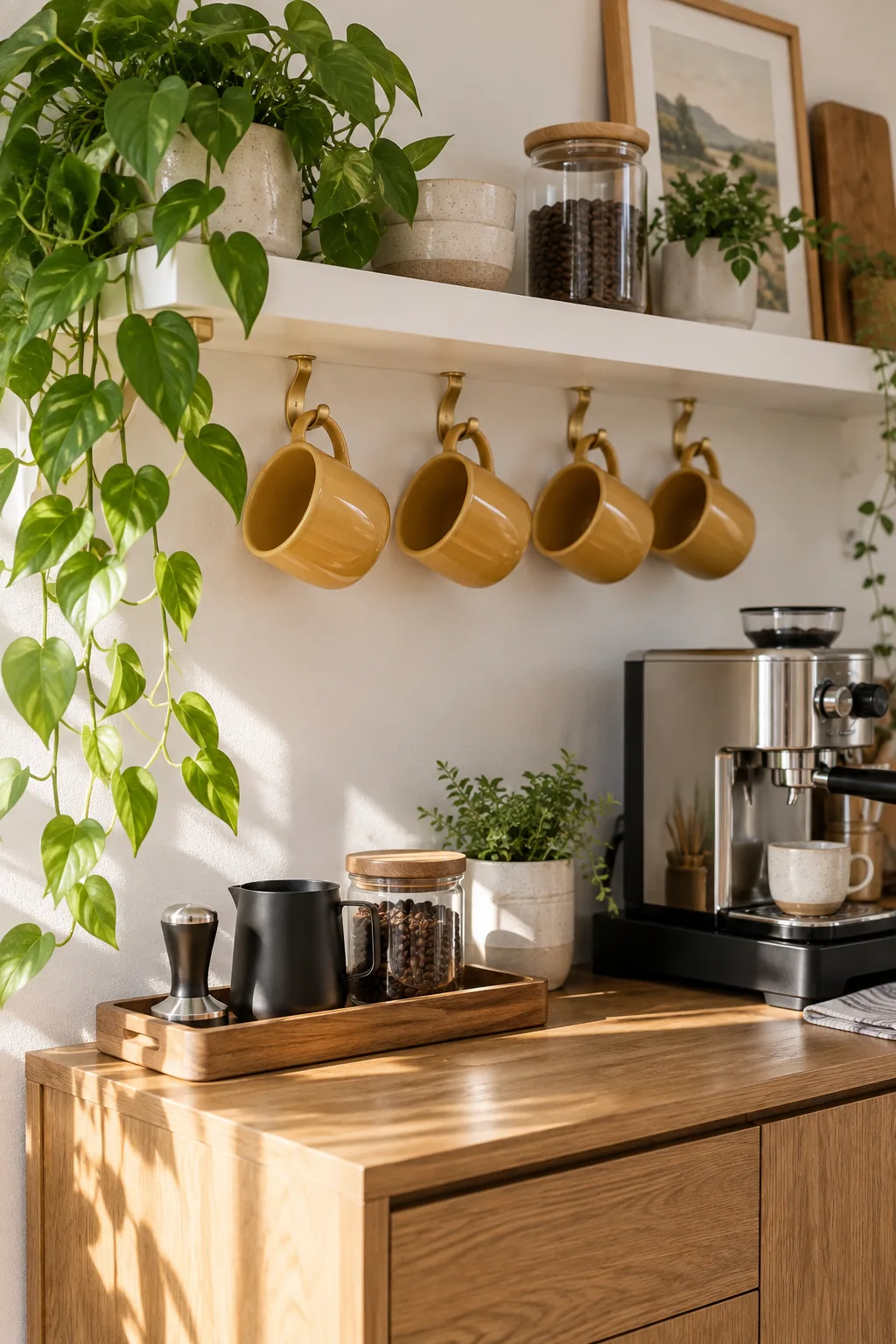 Oak credenza set up as a coffee station with floating shelves above and espresso machine in center.