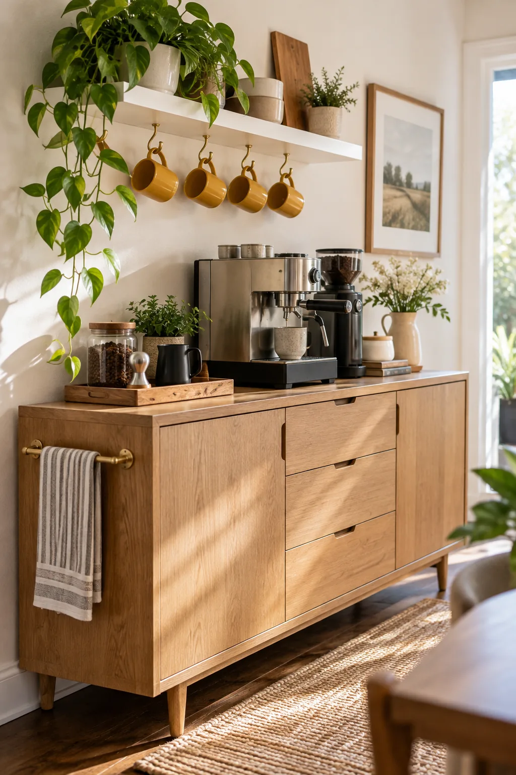Mustard yellow mugs hanging from brass hooks beneath a white floating shelf.