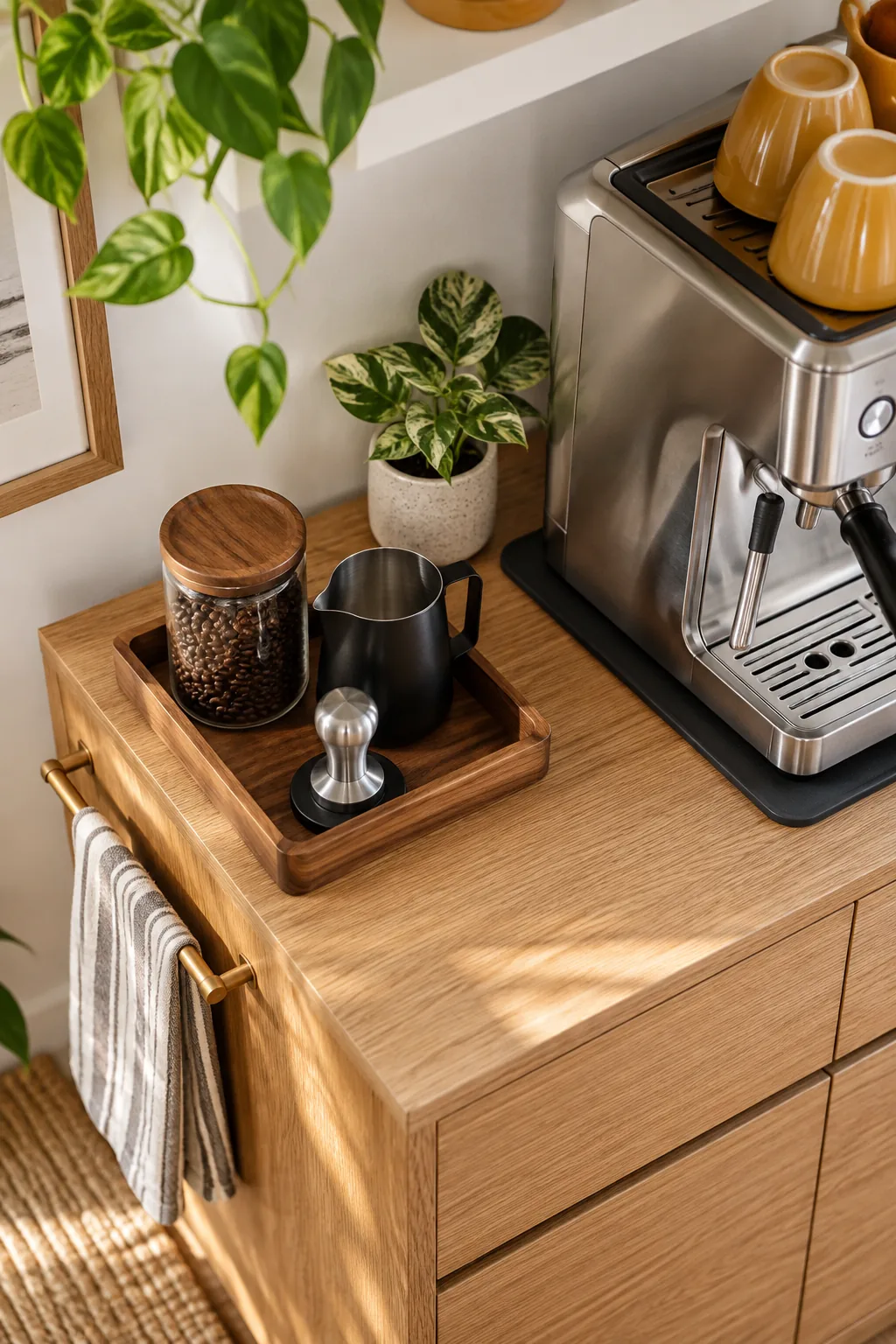 Wooden tray on a counter holding a coffee tamper, black pitcher, and bean jar.