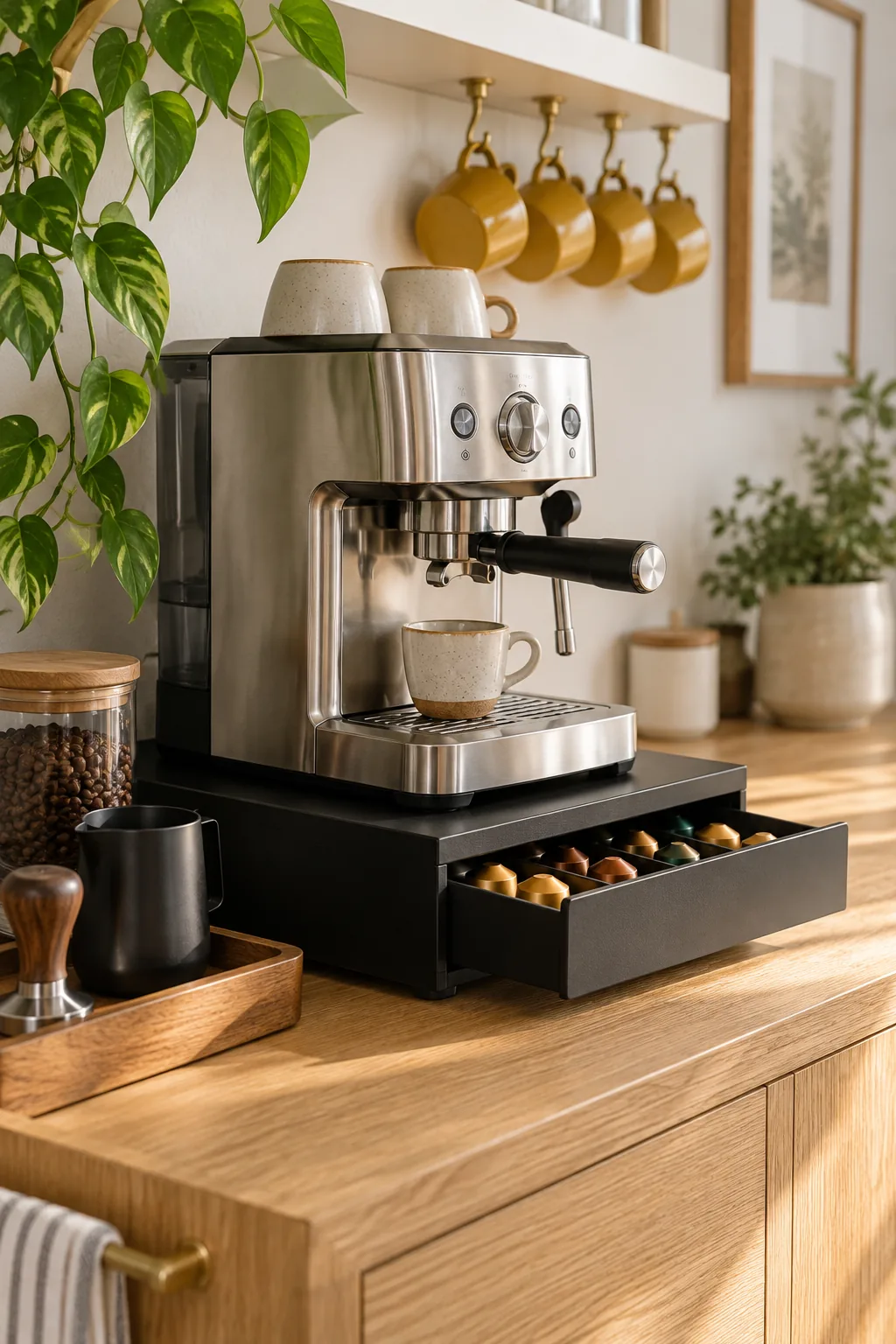 Close up of a black rubber mat sitting under a stainless steel espresso machine on an oak counter.