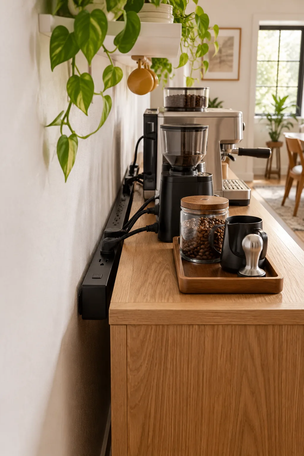 Black power strip mounted to the back edge of a wooden desk with cords plugged in.
