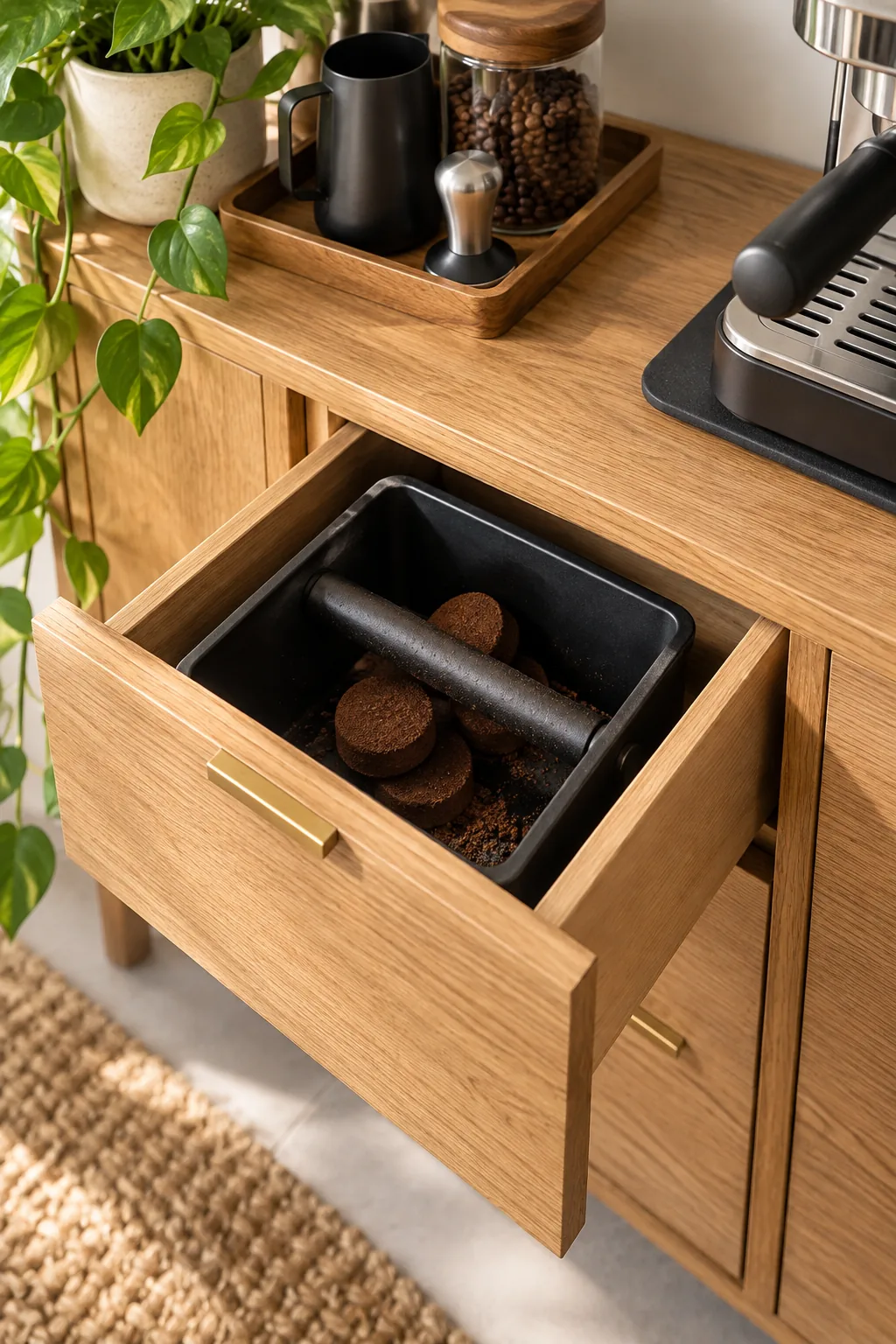 Open wooden drawer revealing a black coffee knock box inside.