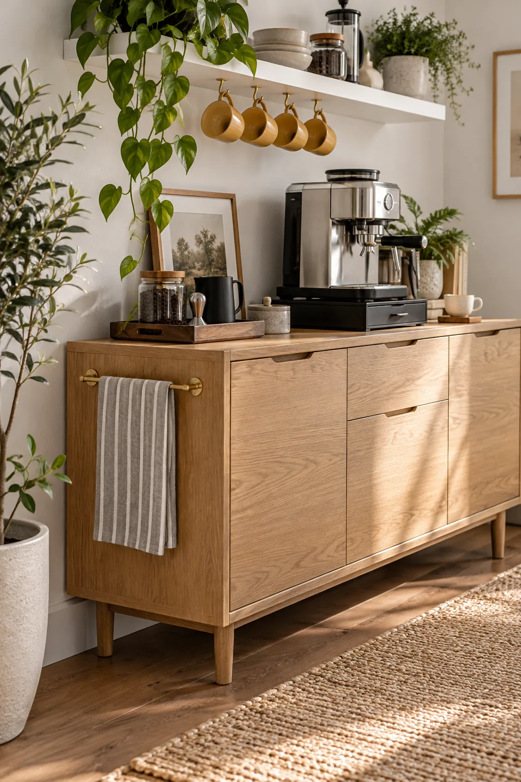 Brass towel bar mounted to the side of a wooden cabinet holding a striped towel.