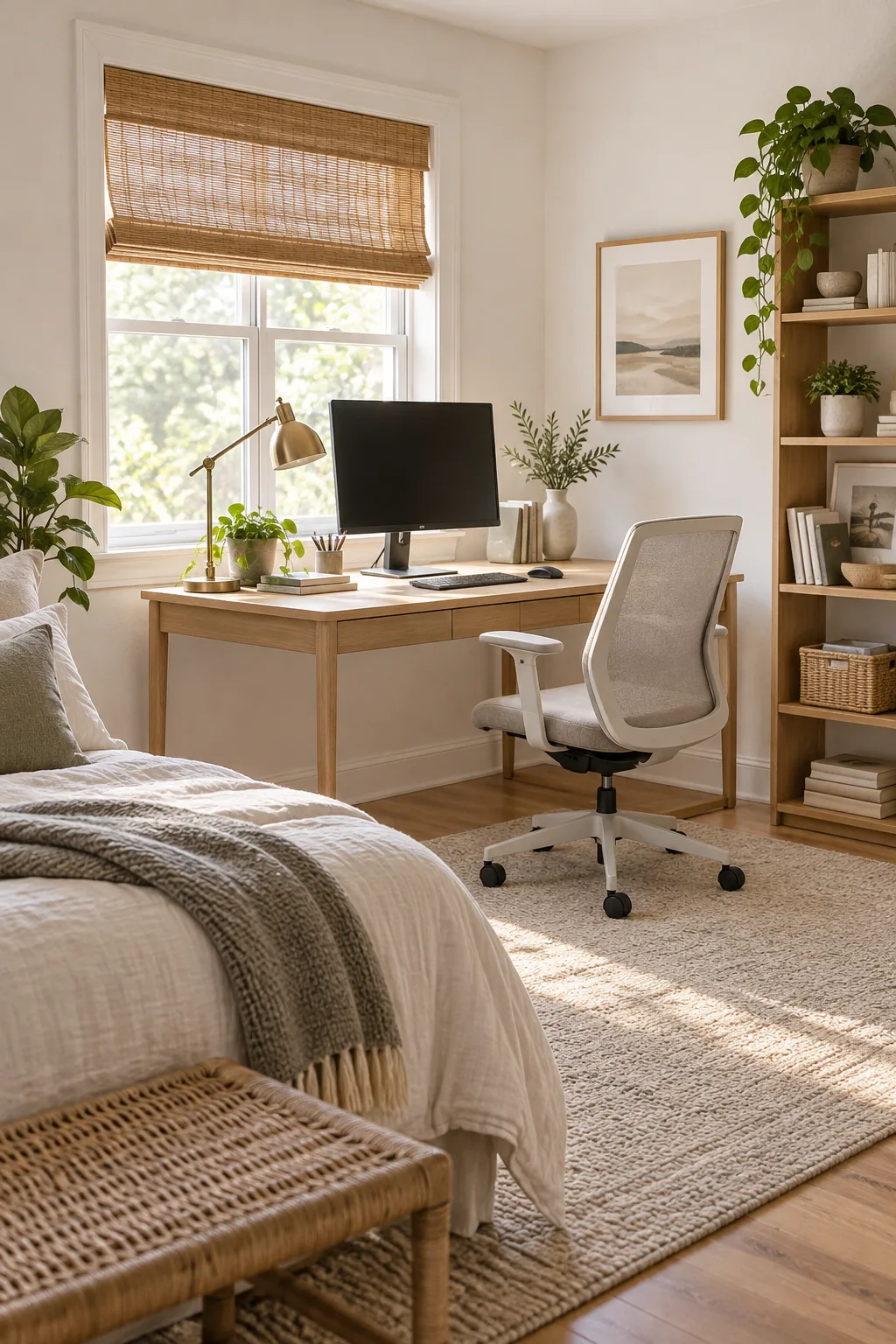 Minimalist Scandi home office with a light ash desk and white walls.