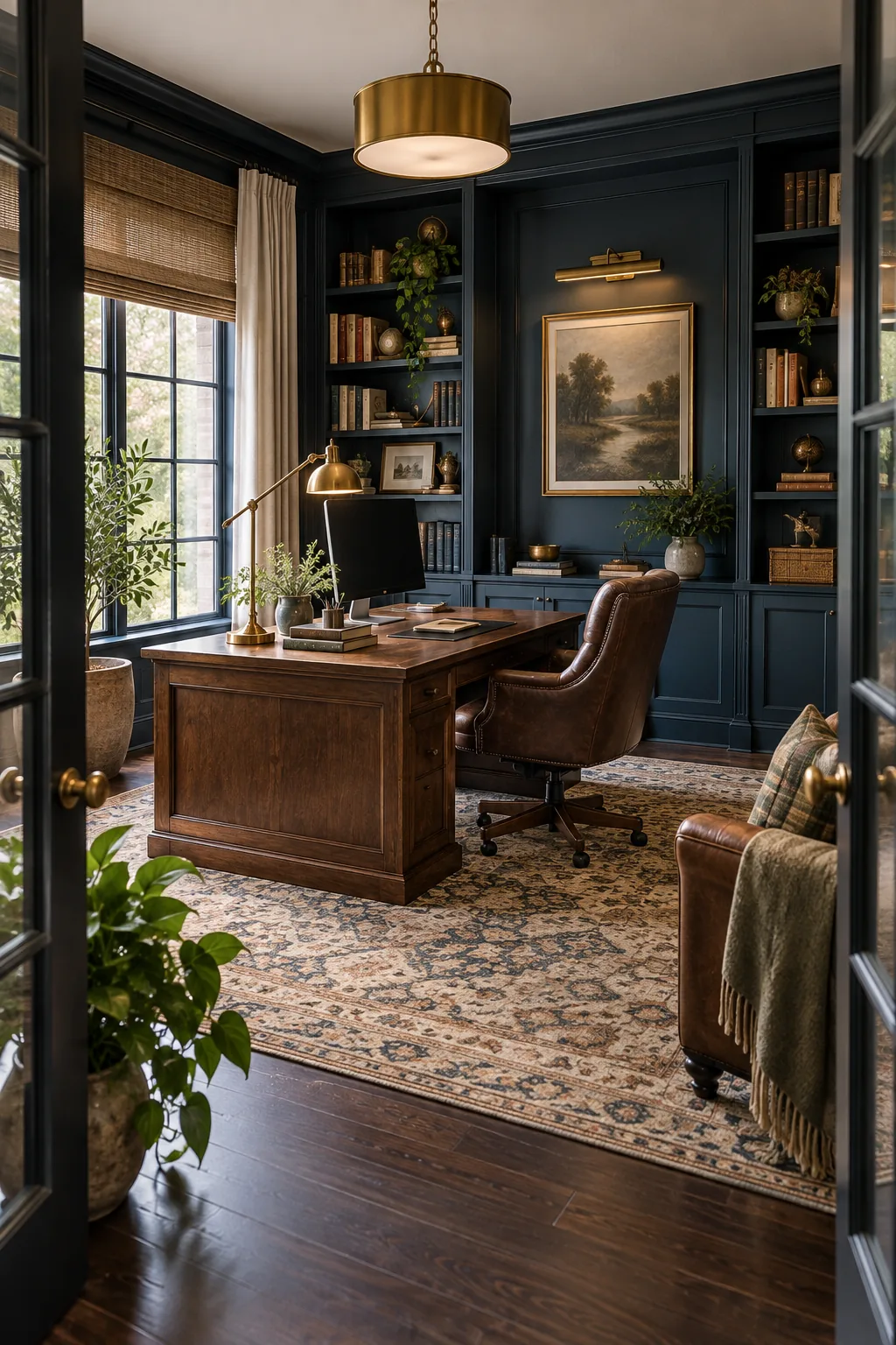 Moody home office with a dark walnut desk against deep navy blue walls.