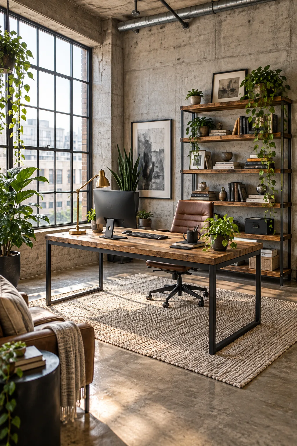 Industrial home office with a black metal desk and concrete textures.