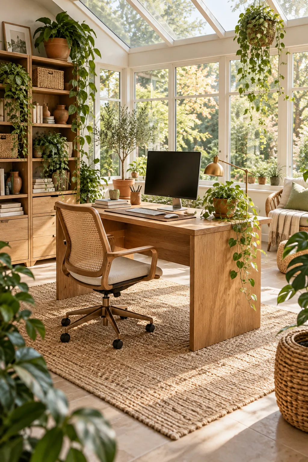 Organic modern home office with warm oak, rattan, and terracotta planters.