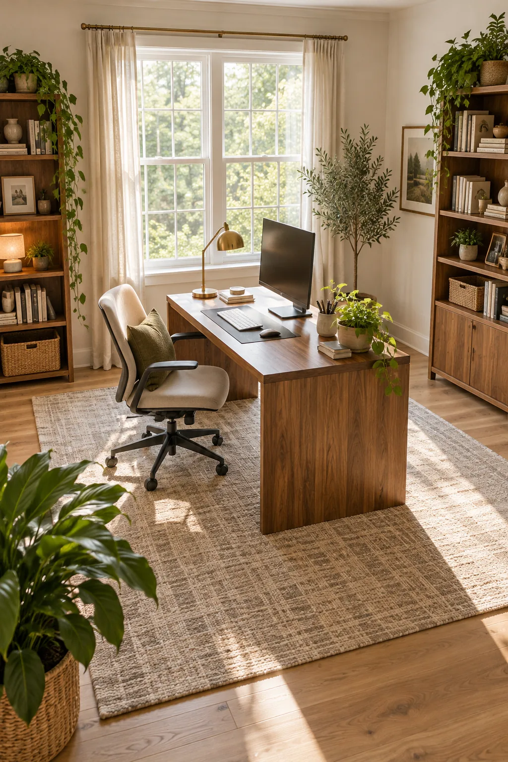 Elevated view of a small home office layout with a central wood desk and perimeter shelving.