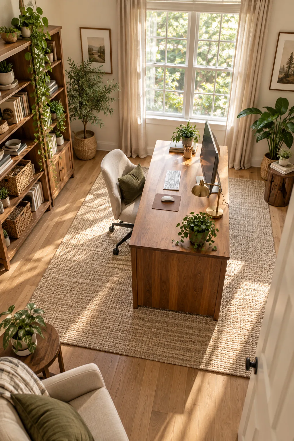 Wood desk positioned exactly perpendicular to a bright multi-pane window.