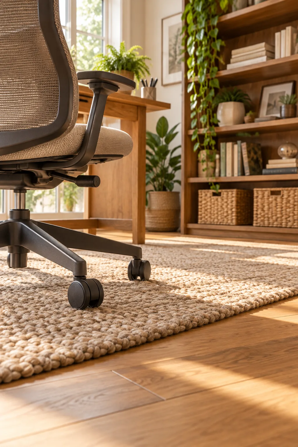 Measuring the floor space between an office chair and a wooden bookshelf.