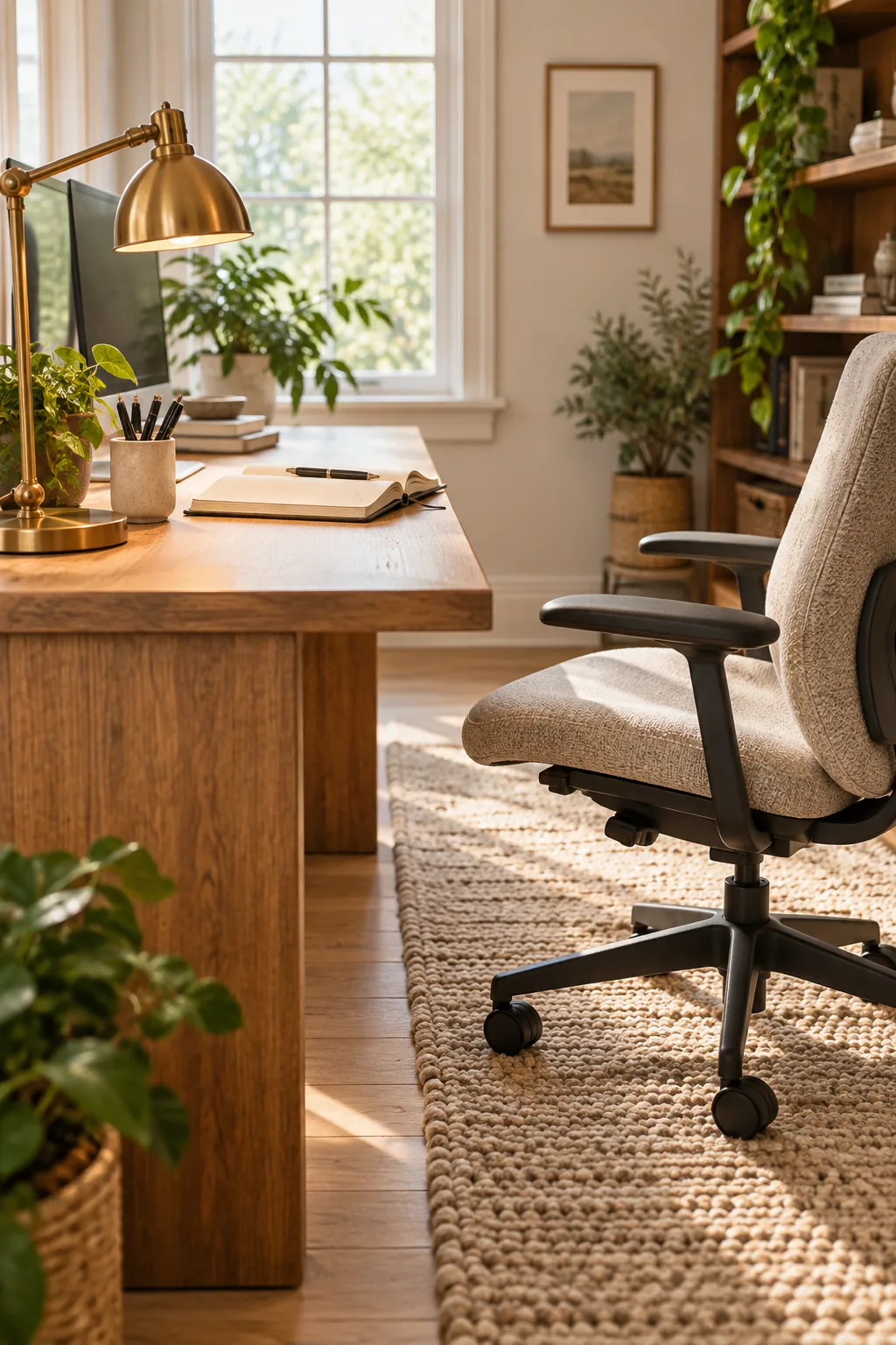 Office chair casters sitting on a thick textured area rug over light hardwood floors.