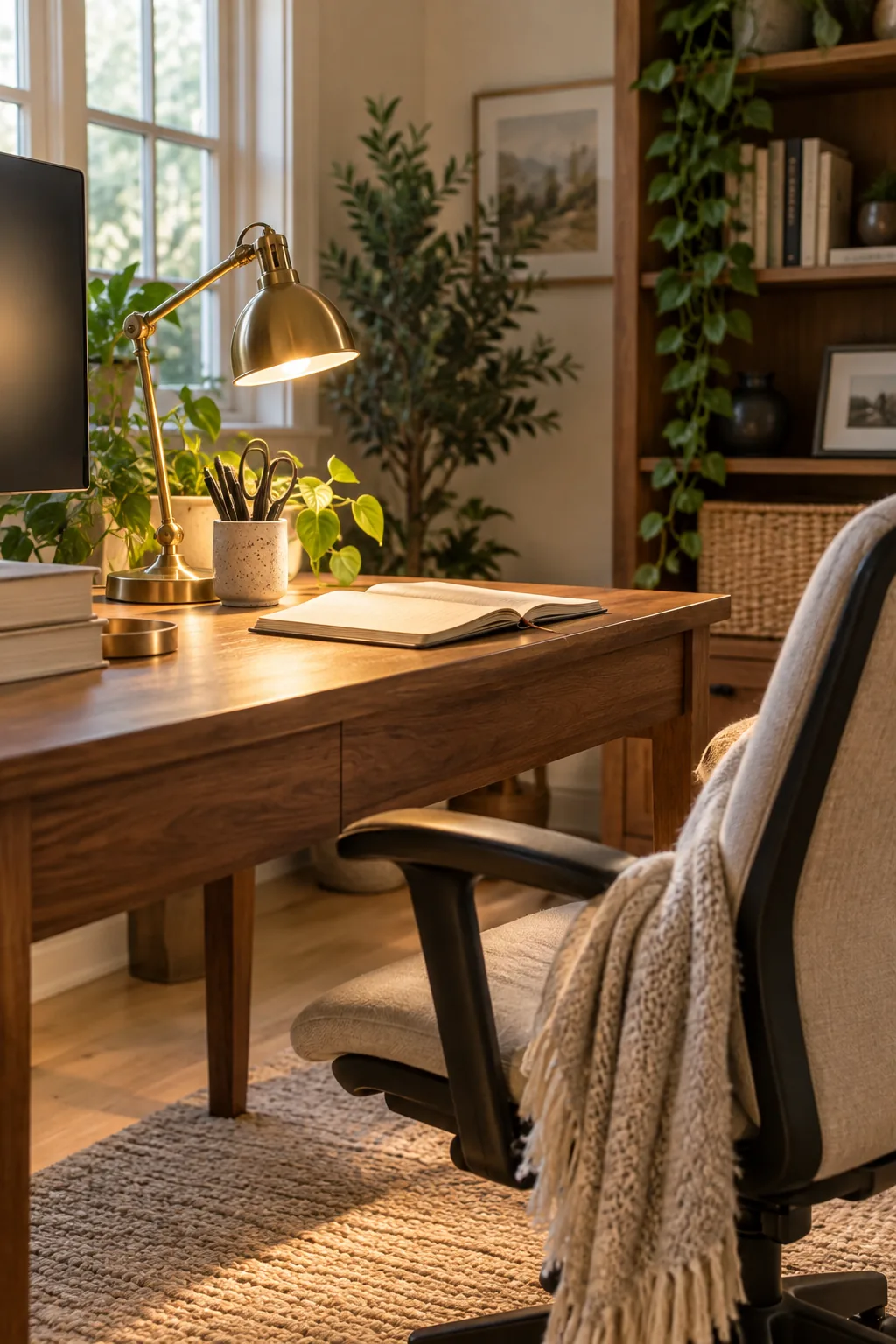 Brass task lamp on the left side of a wood desk illuminating a notebook.