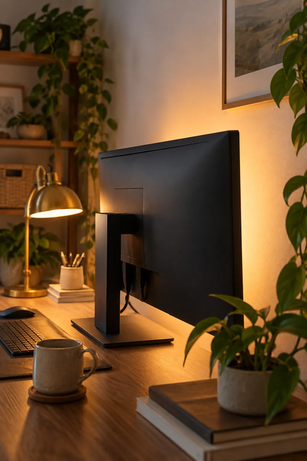 Soft warm light glowing from behind a black computer monitor onto a white wall.