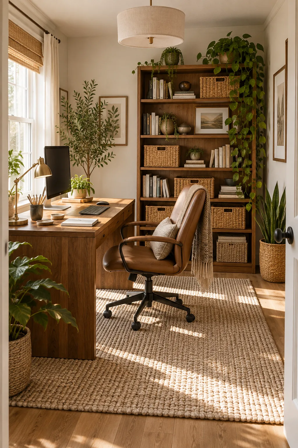 Tall wooden bookshelf organized with natural woven baskets, books, and trailing plants.