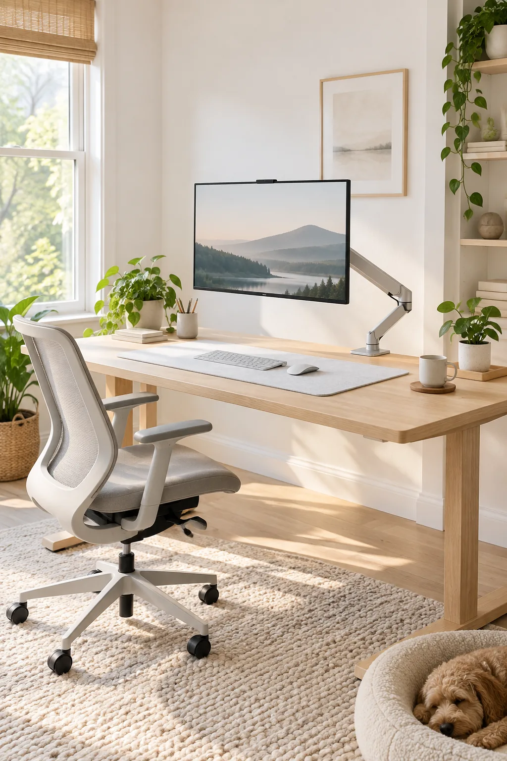 A Scandinavian desk setup with light ash wood, a white desk pad, and silver hardware.